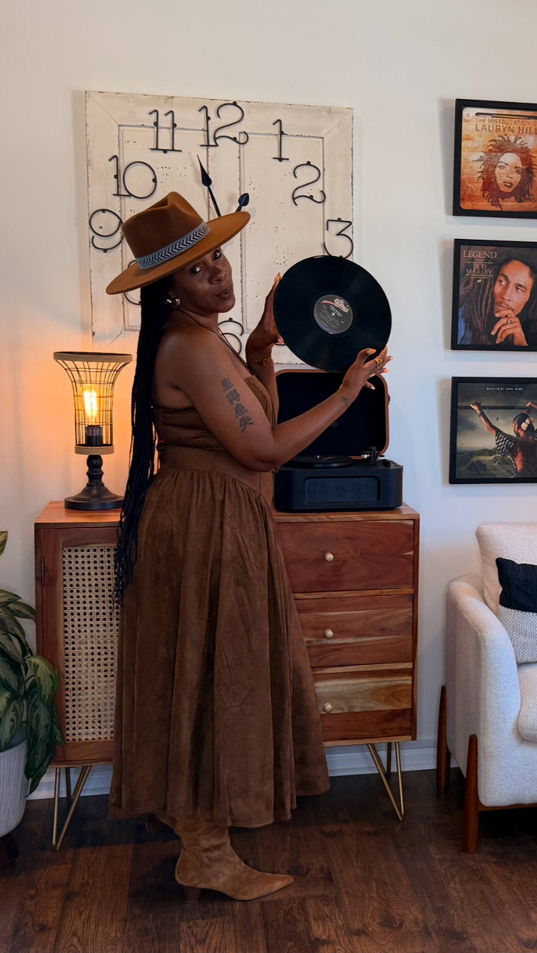 Faux Suede Strapless Midi Dress