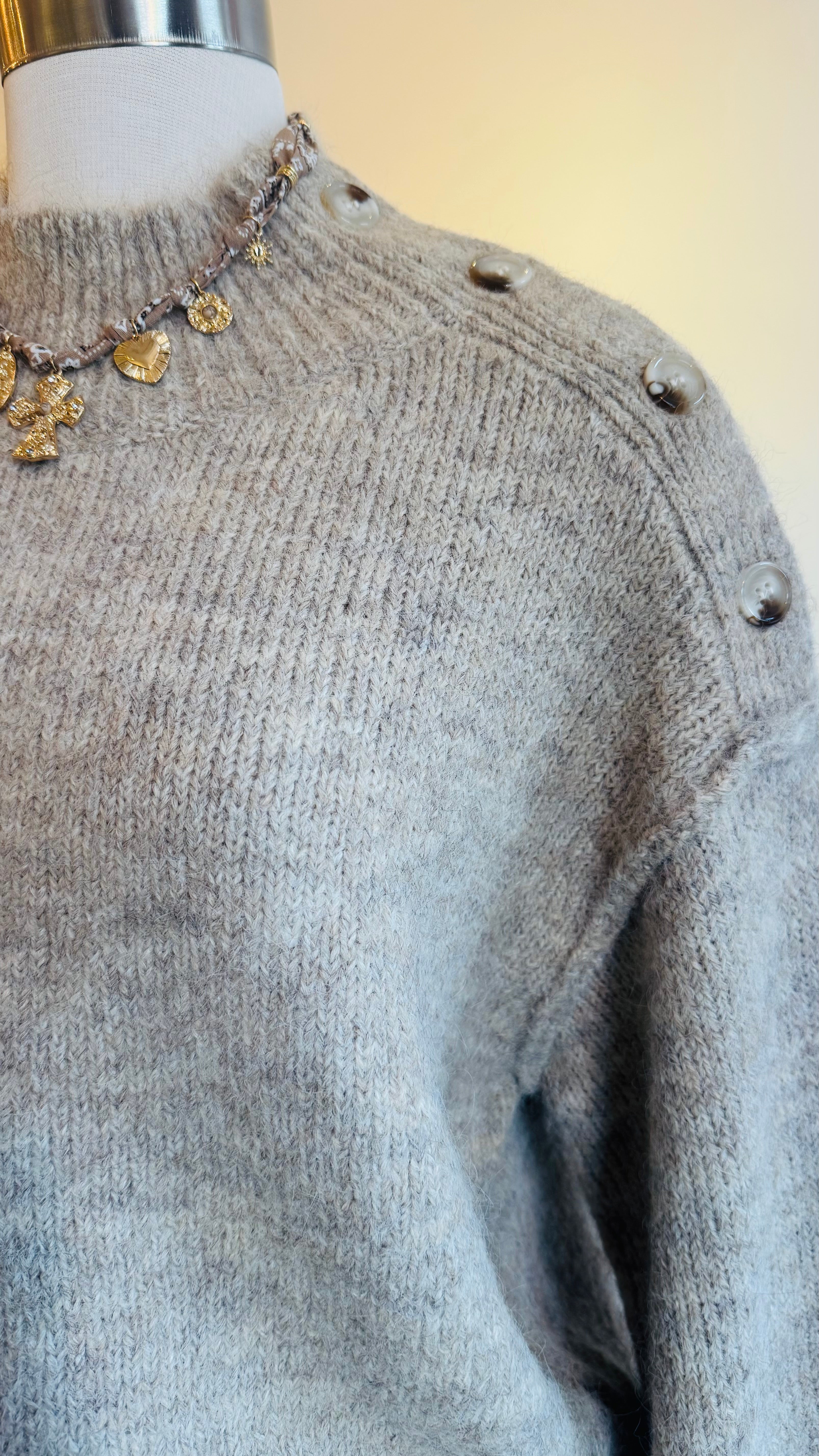 Fringe Back Button-Shoulder Knit Sweater