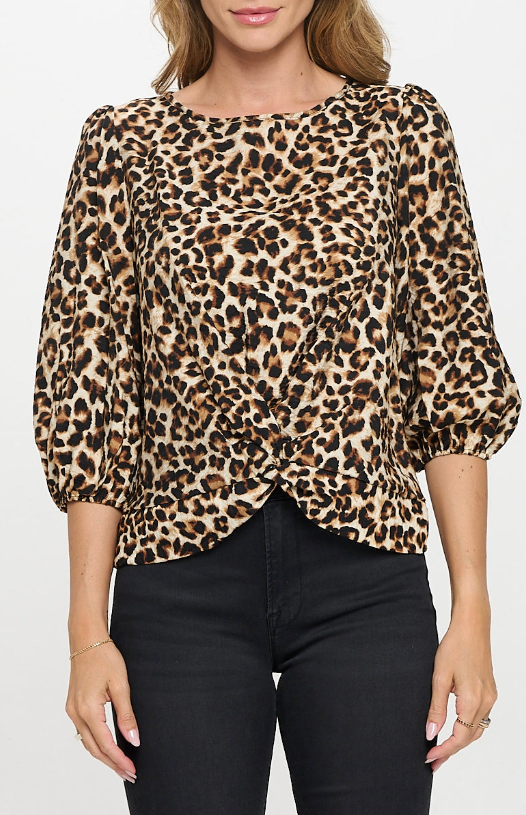 Leopard Print Front Twist 3/4 Sleeve Top