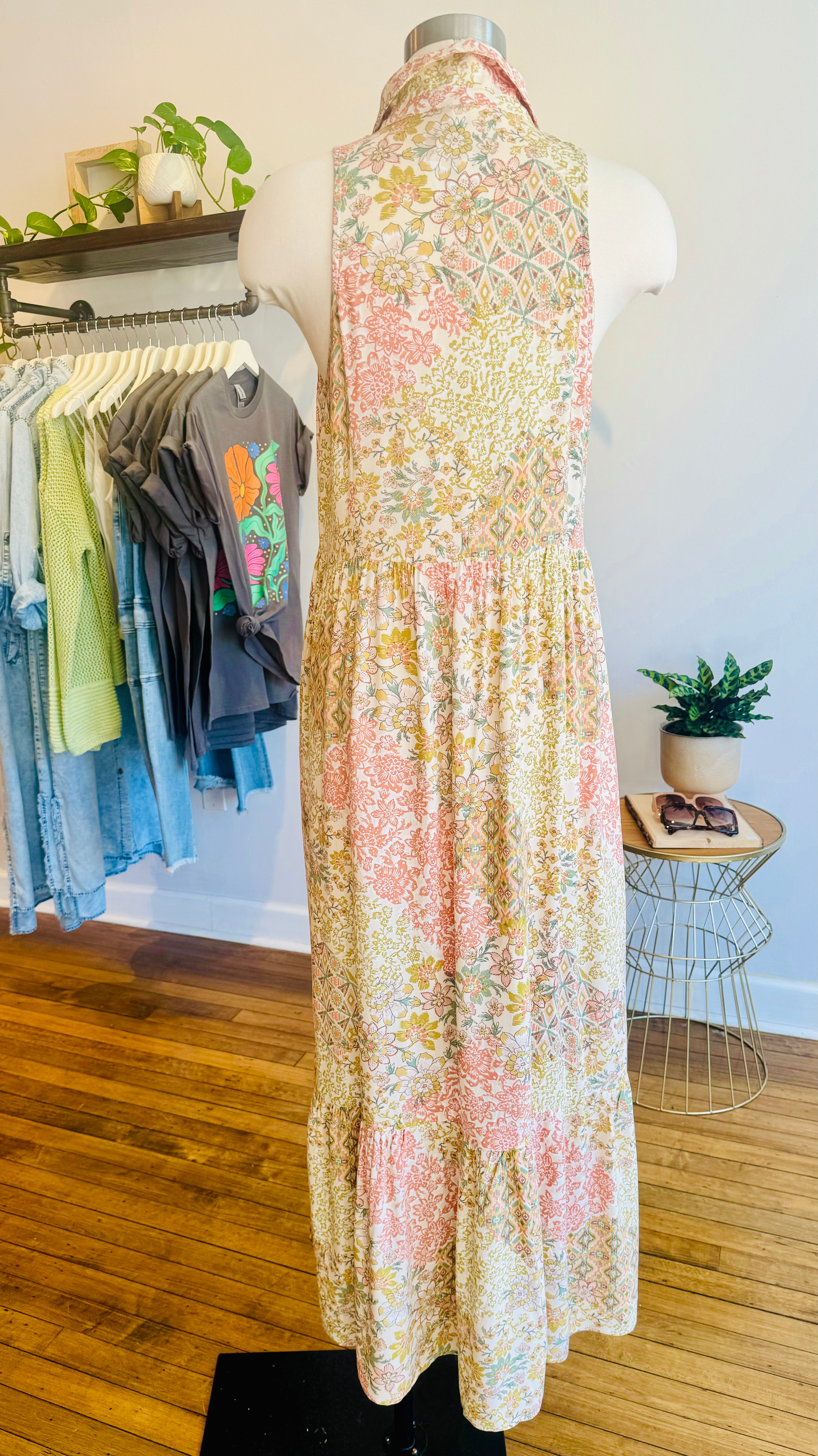 Multi Print Sleeveless Collared Maxi Dress