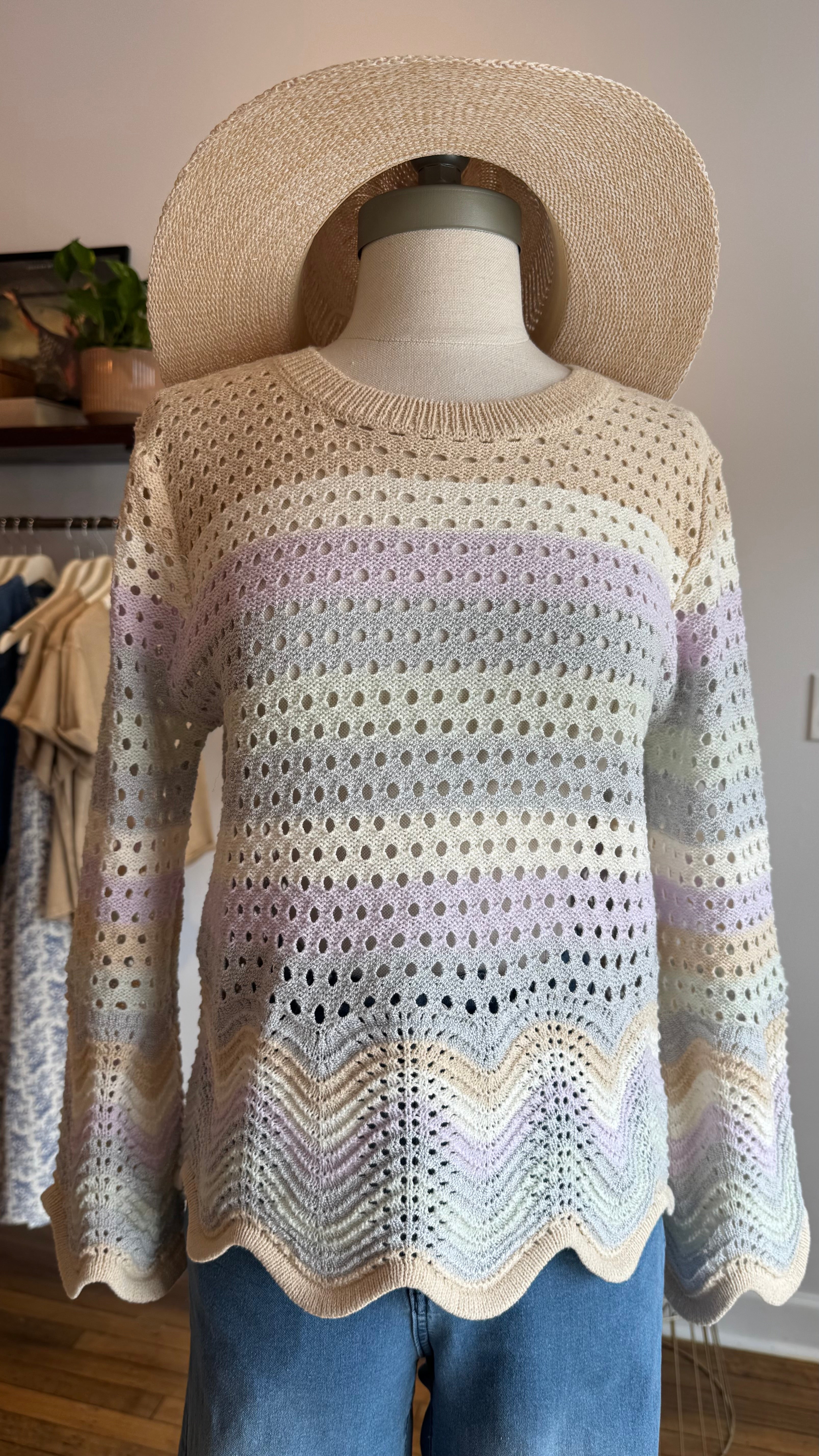 Lightweight Open-Knit Ombre Pullover