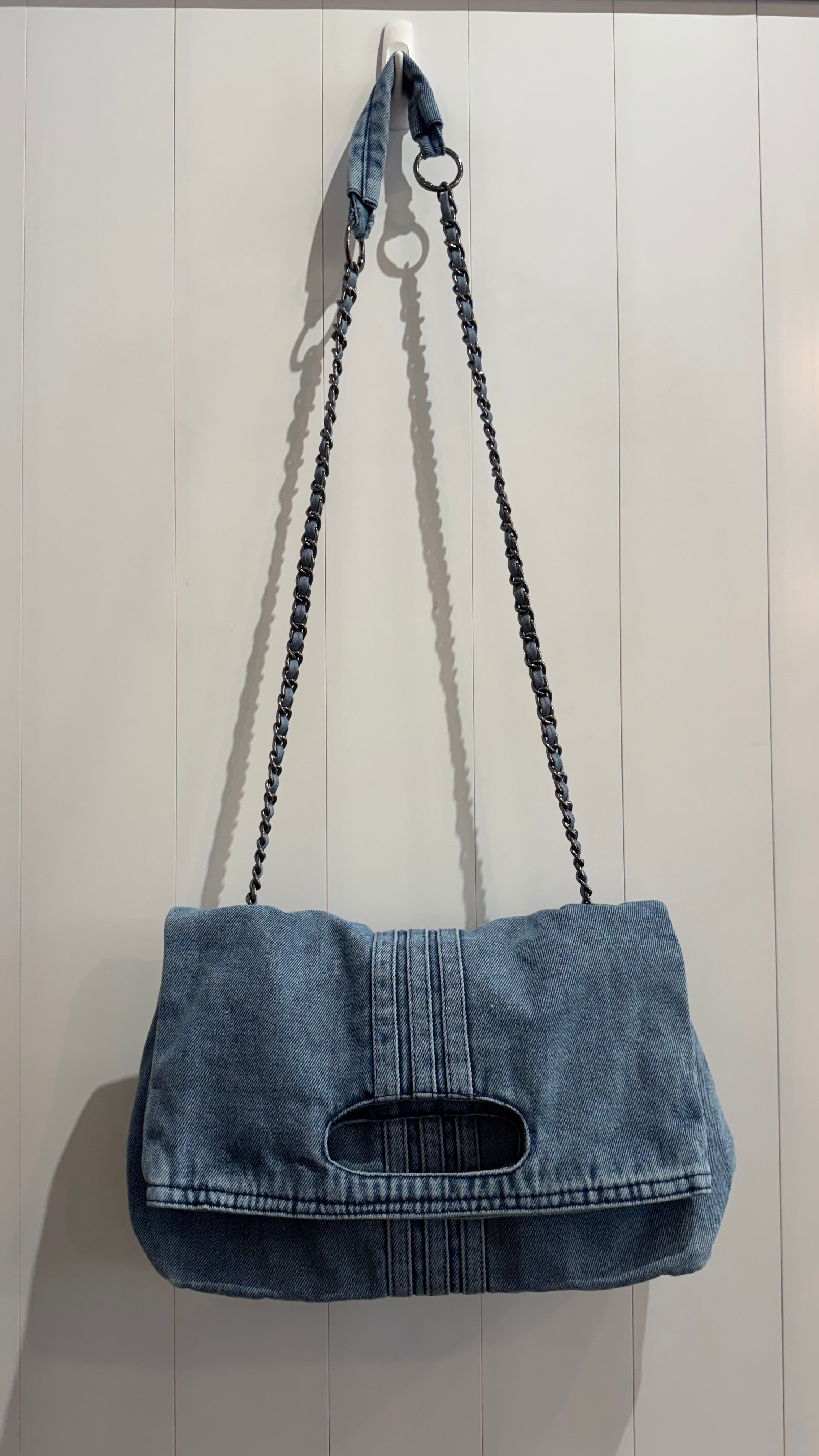 Washed Denim Chain Strap Shoulder Bag
