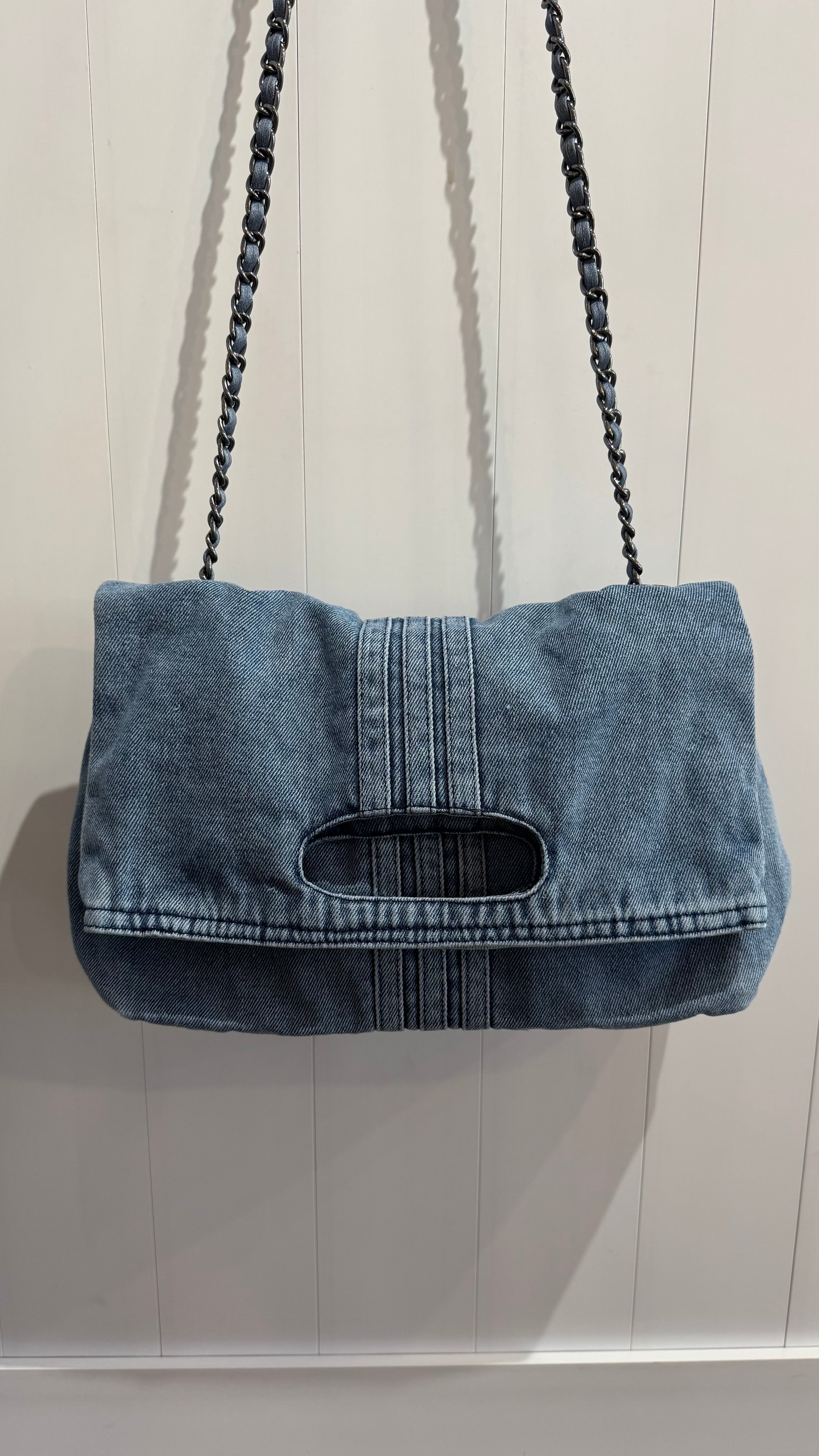 Washed Denim Chain Strap Shoulder Bag