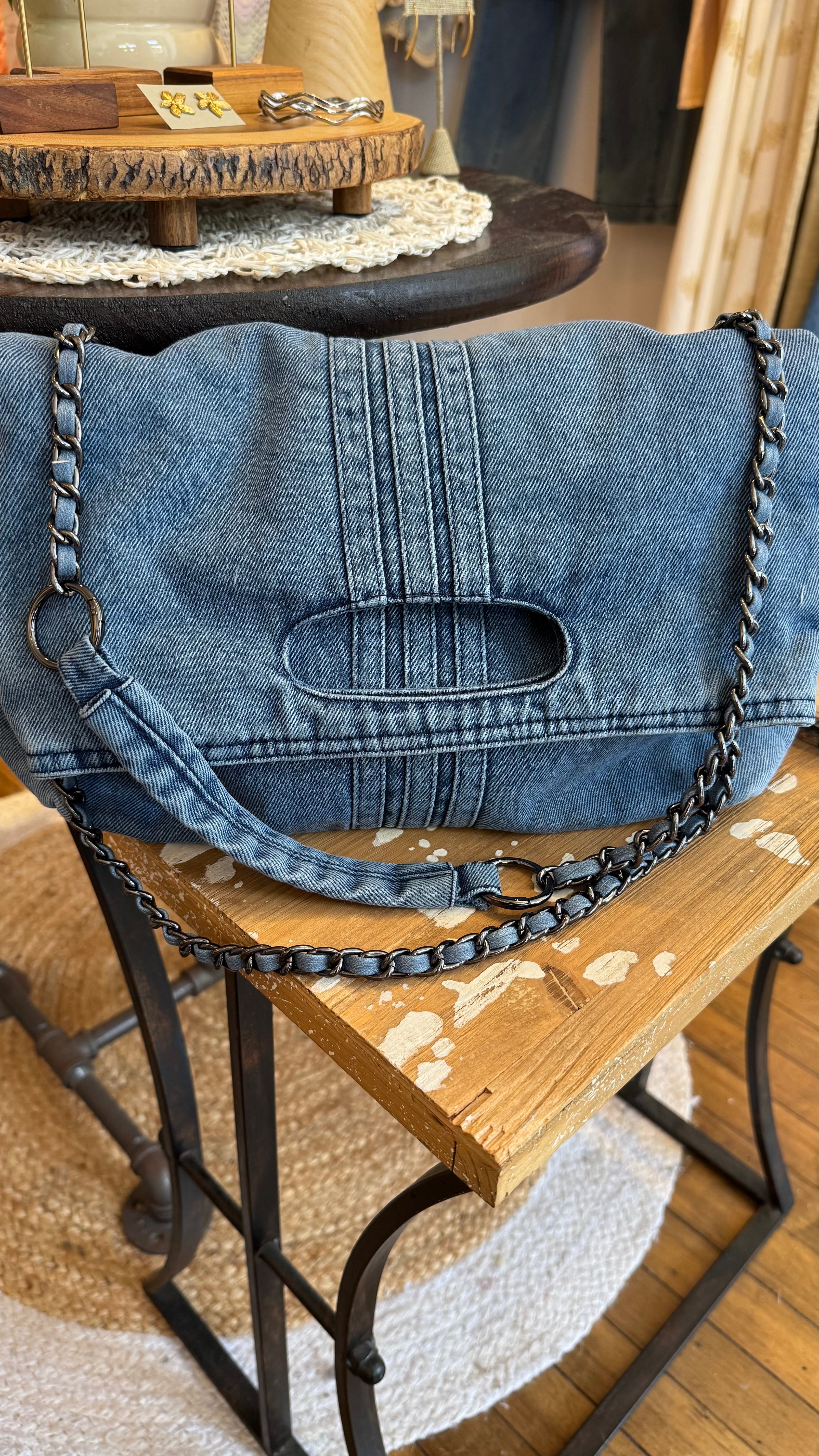 Washed Denim Chain Strap Shoulder Bag