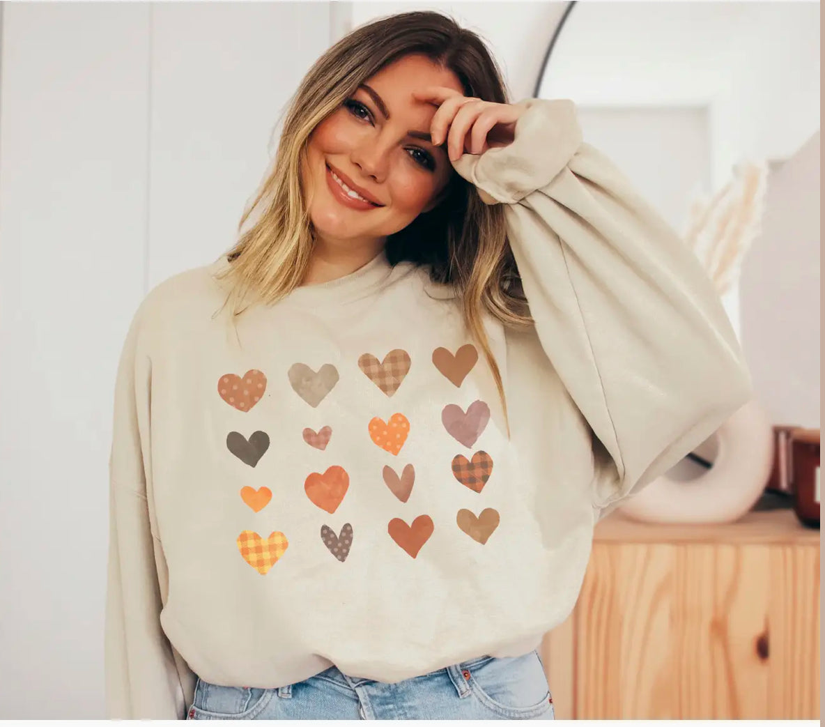 Vintage Plaid Hearts Crew Neck Sweatshirt