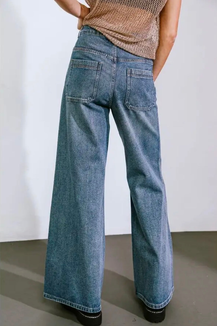 Washed Drawstring Wide Leg Jeans
