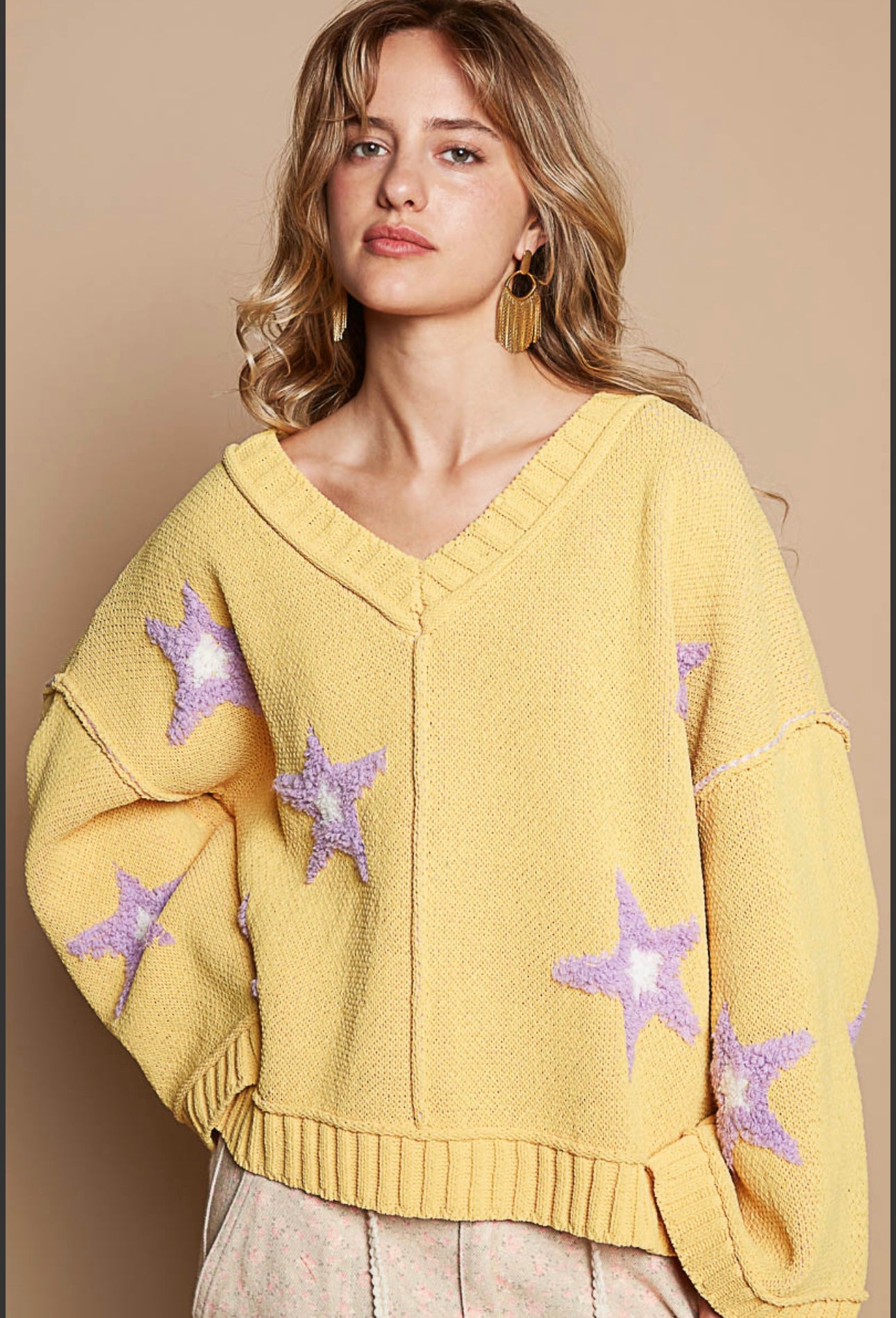 V Neck Long Sleeve Star Patch Sweater