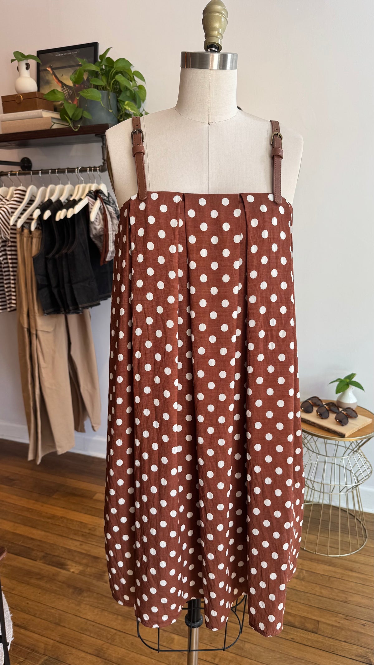 Brown Polka Dot Faux Leather Strap Dress