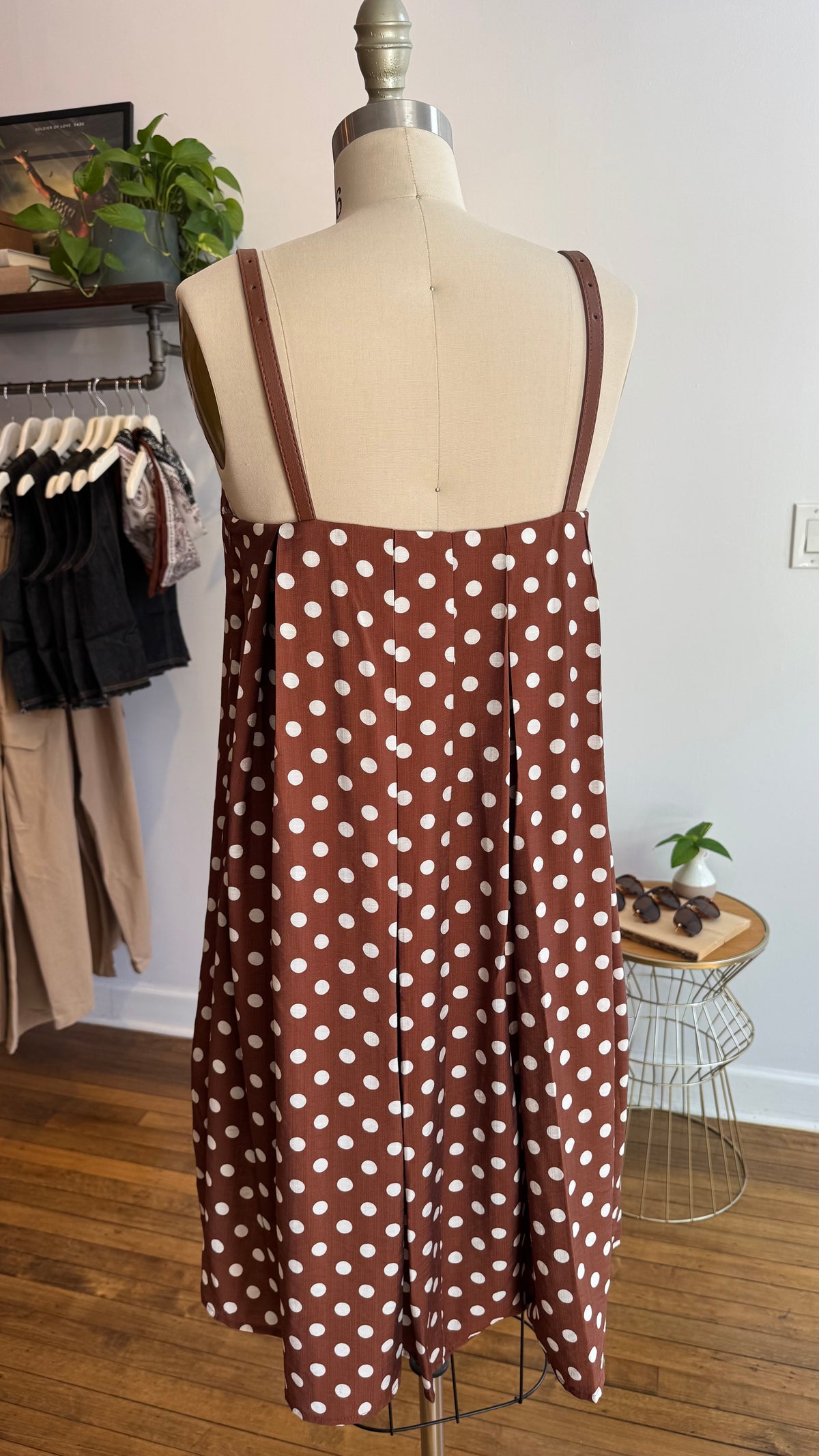 Brown Polka Dot Faux Leather Strap Dress