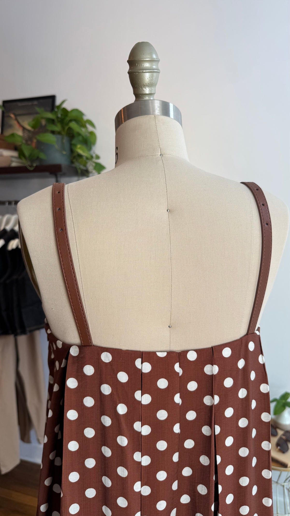 Brown Polka Dot Faux Leather Strap Dress