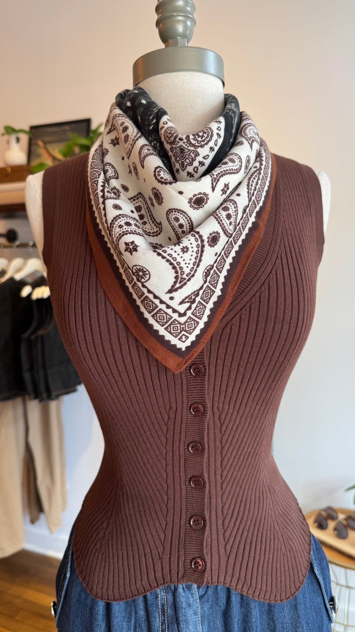 Chocolate Brown Ribbed Knit Button-Front Sweater Vest