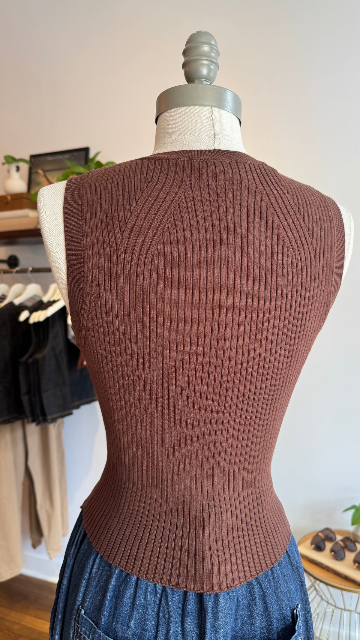 Chocolate Brown Ribbed Knit Button-Front Sweater Vest