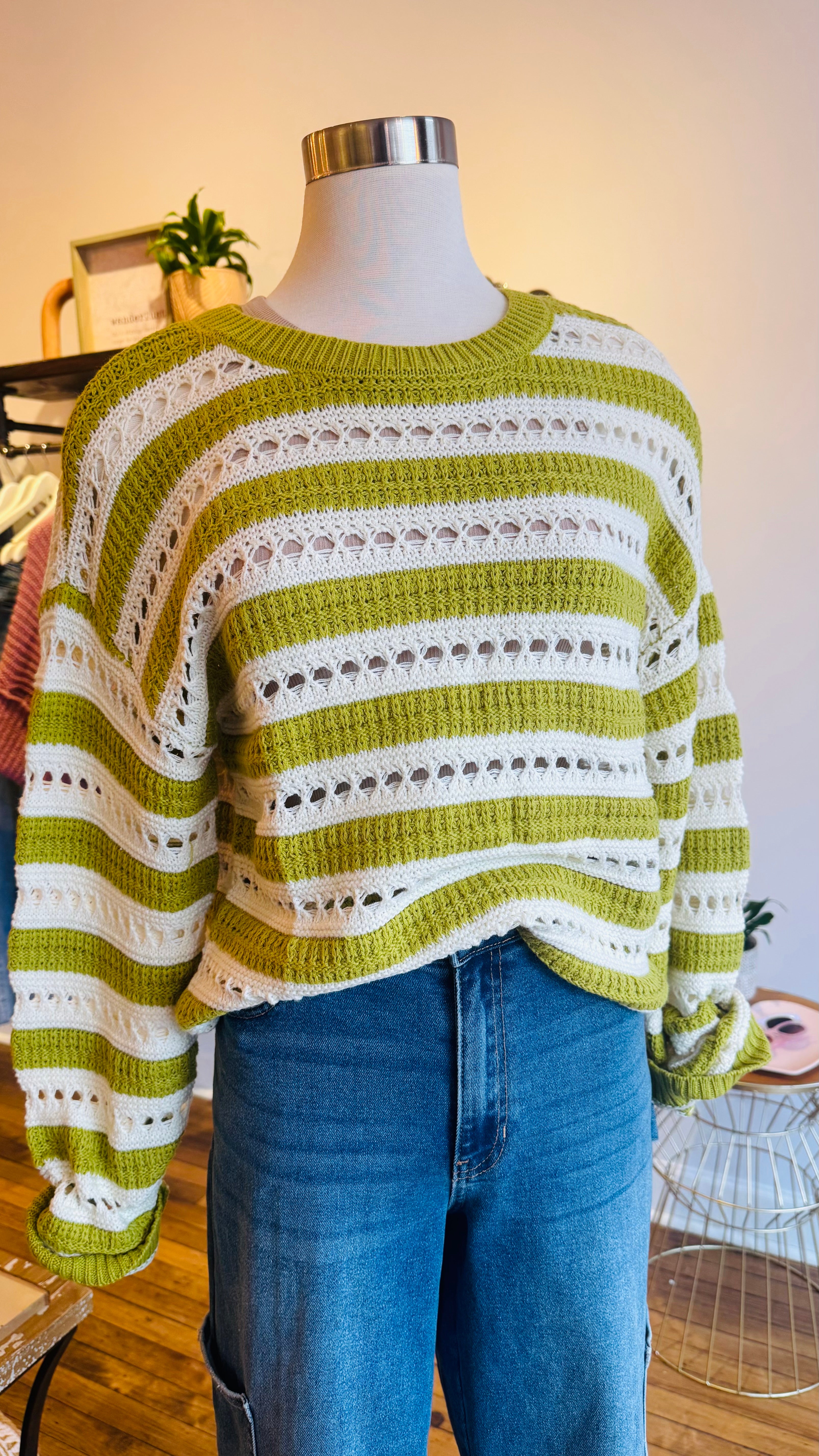 Striped Eyelet Knit Pullover Sweater