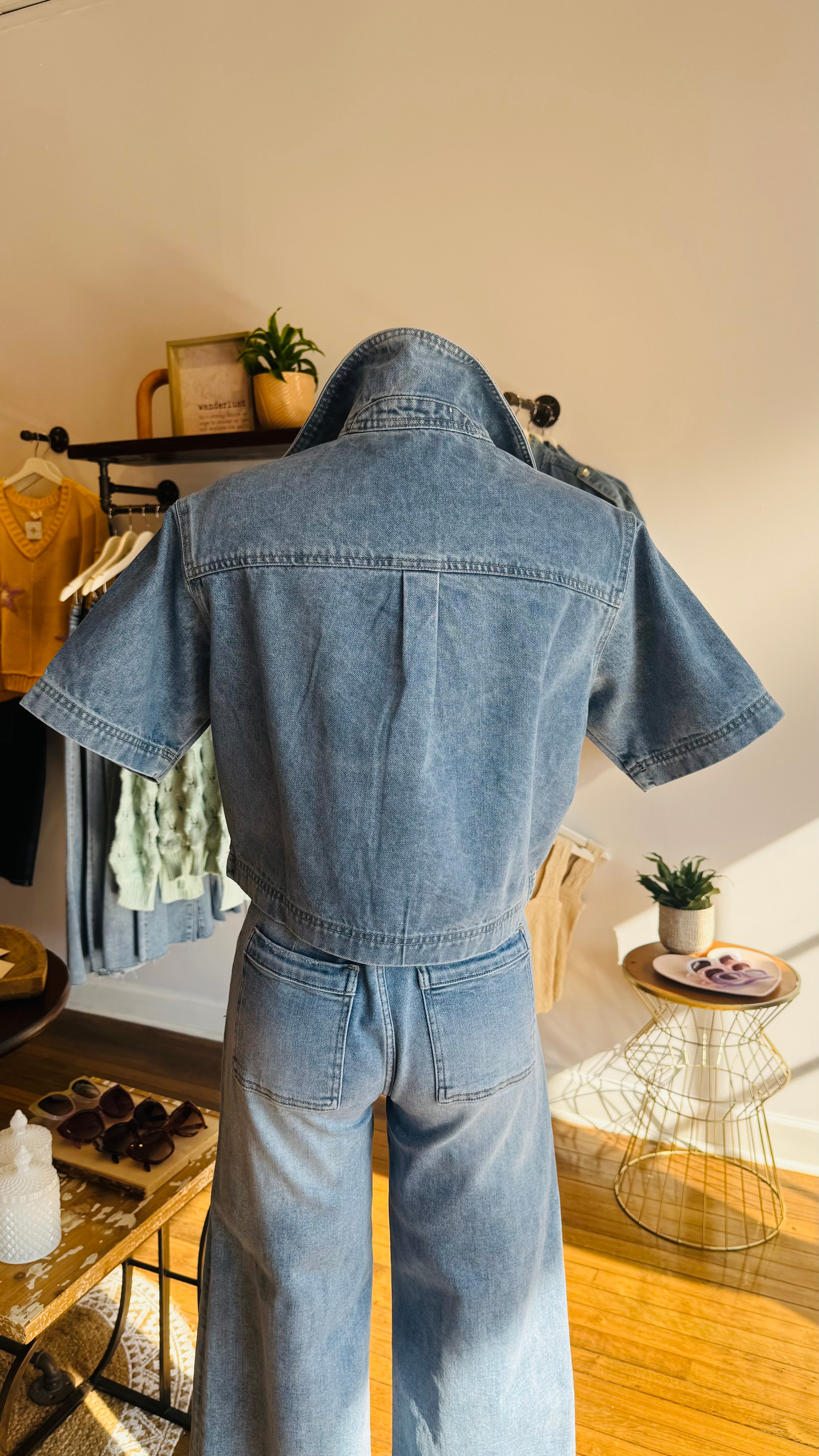 Cropped Denim V-Neck Pullover