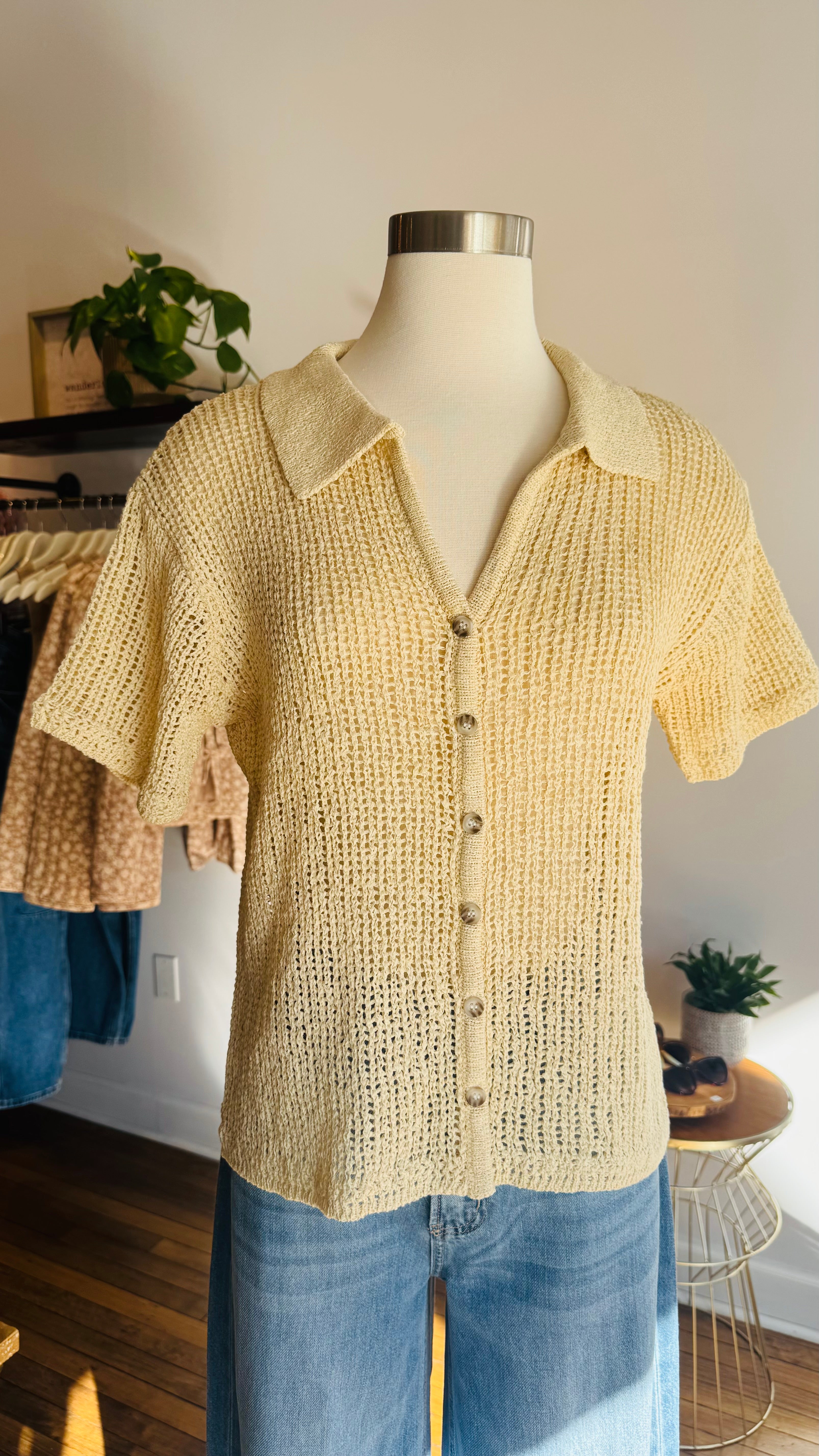 Ribbed Button-Down Short Sleeve Top