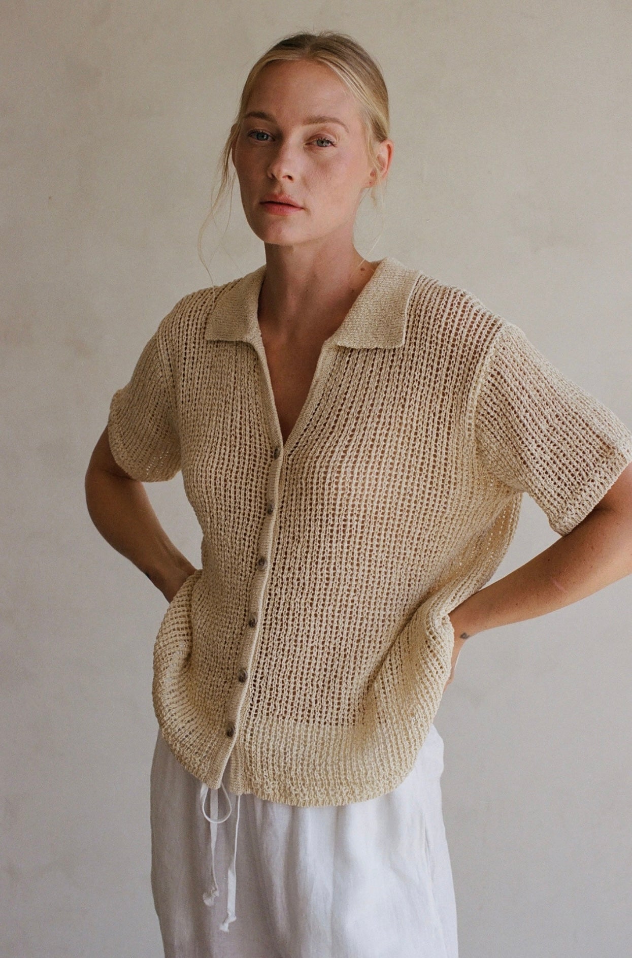 Ribbed Button-Down Short Sleeve Top
