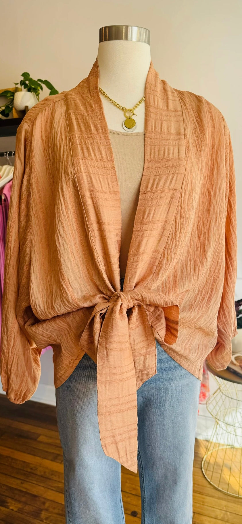 Striped Textured Tie Front Kimono