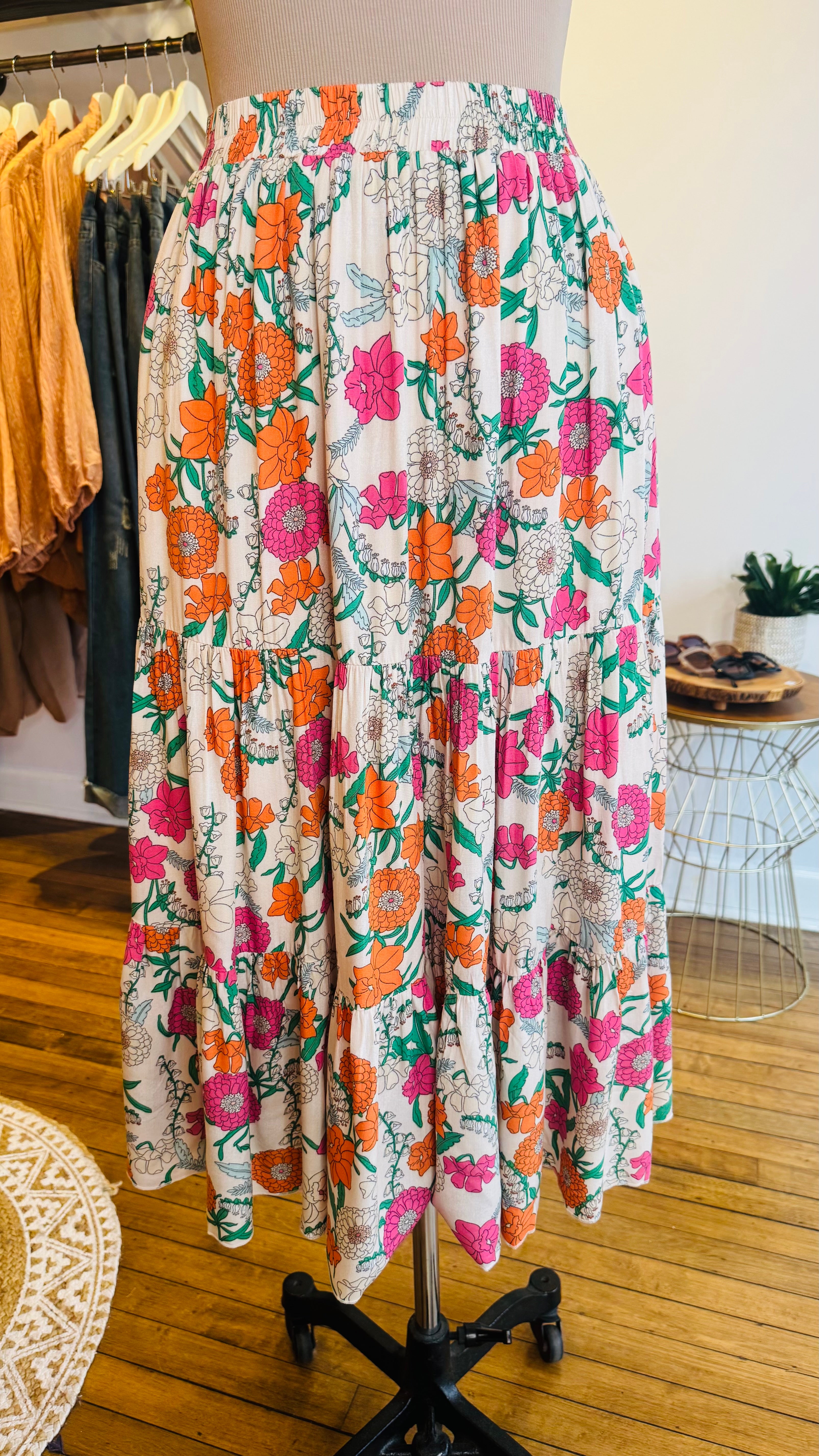 Floral Print Tiered Midi Skirt