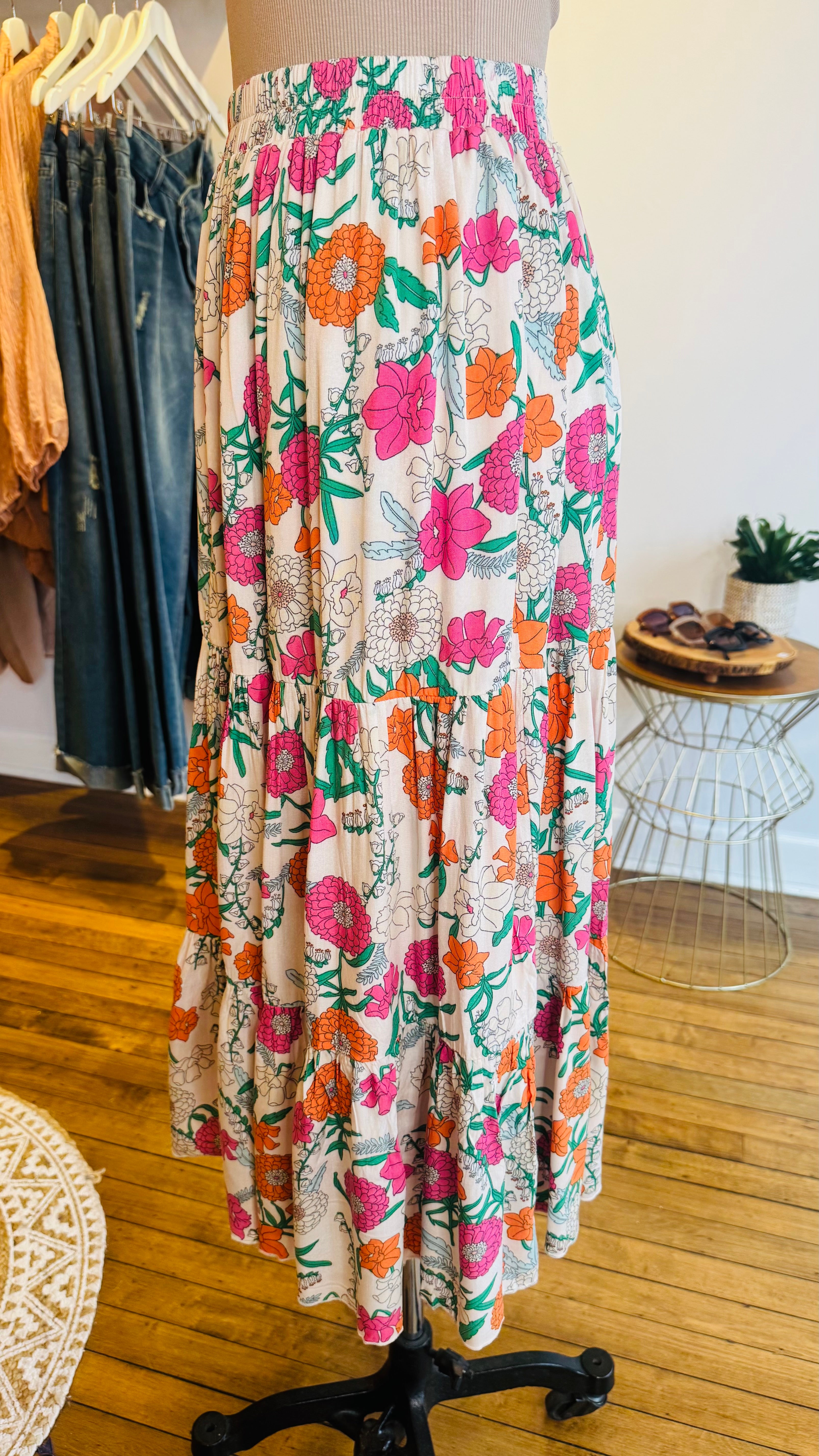 Floral Print Tiered Midi Skirt