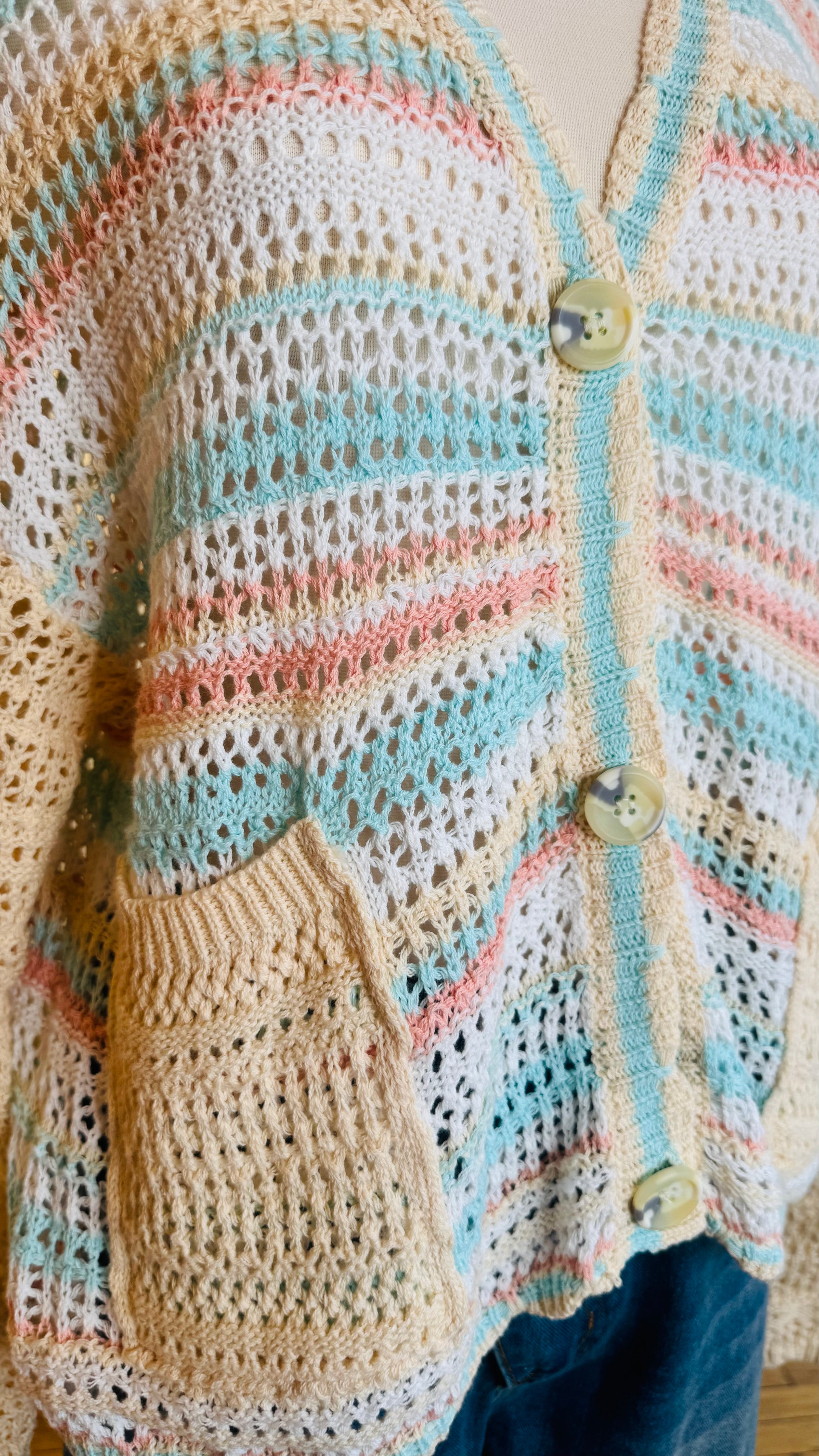 Button Down Multi Stripe Crochet Cardigan
