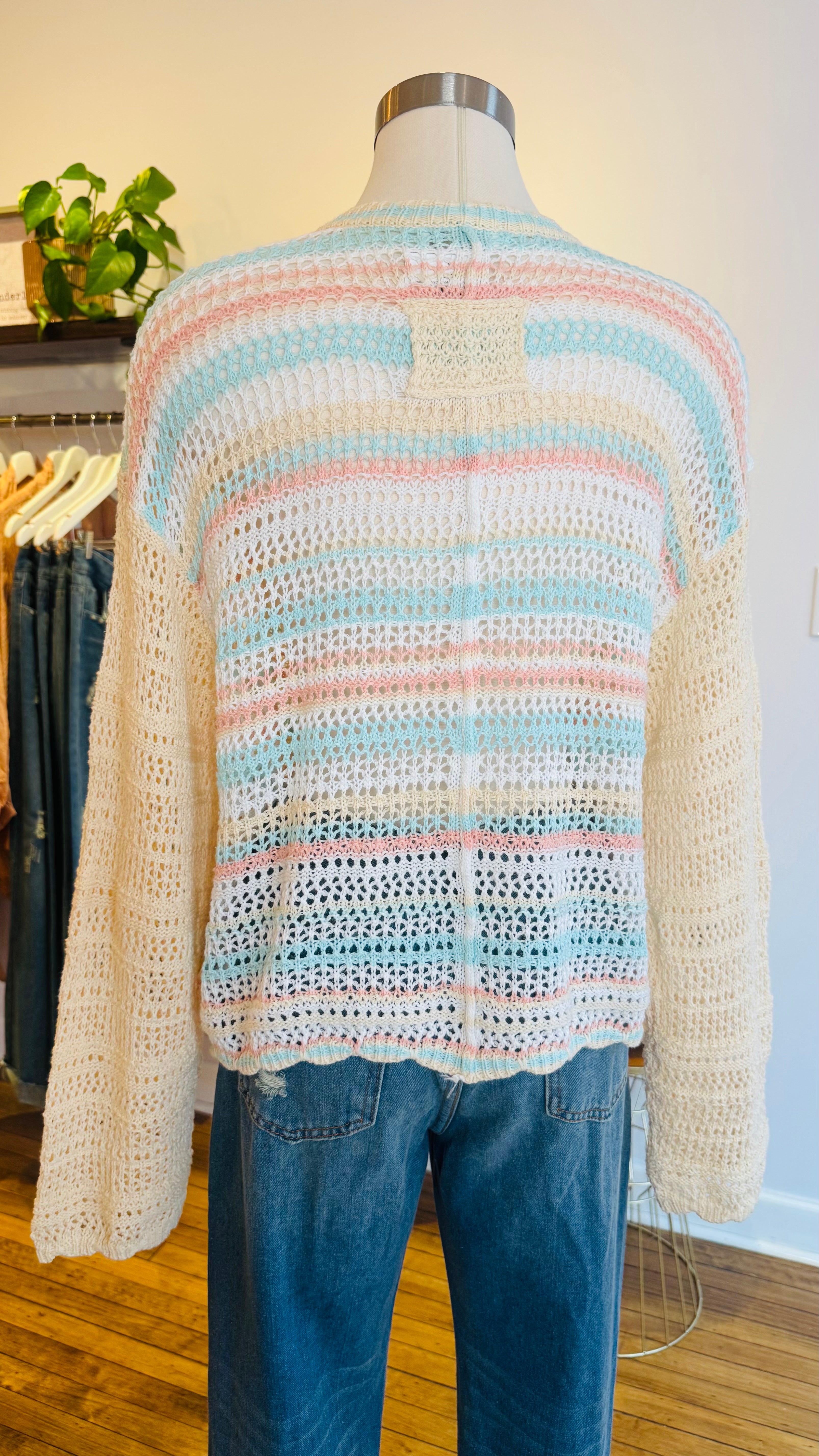 Button Down Multi Stripe Crochet Cardigan