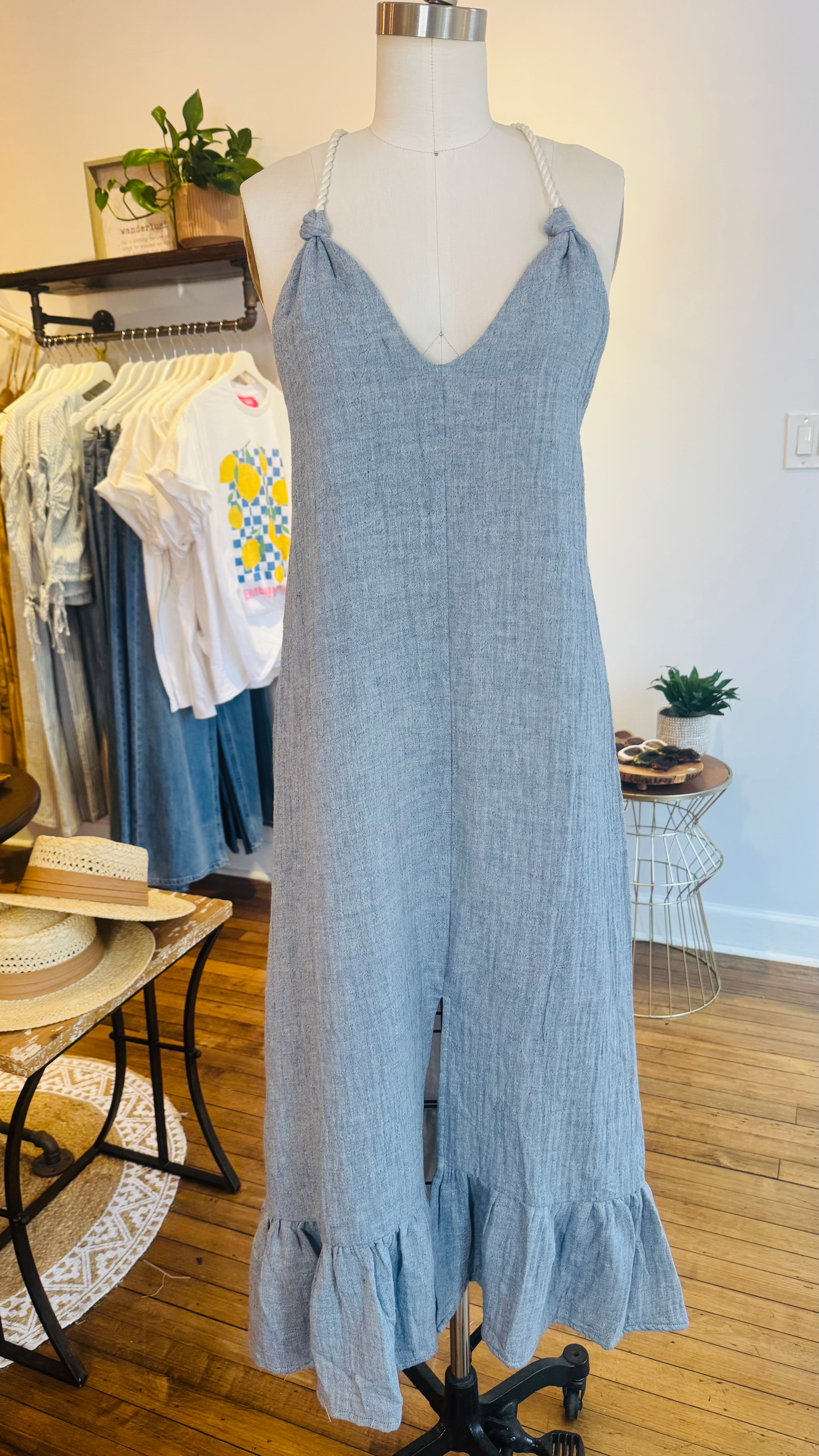 Cotton Gauze Braided T-Bar Maxi Dress
