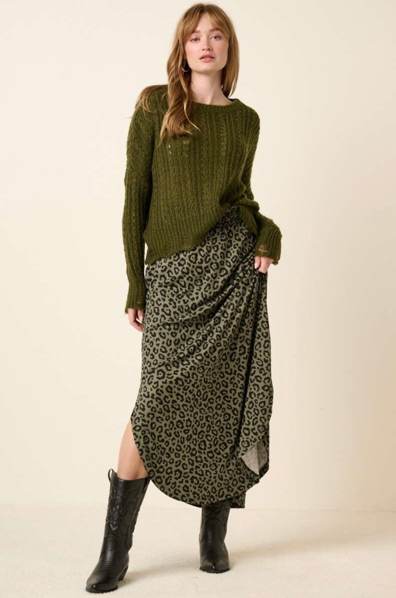 Olive Leopard Print Maxi Skirt