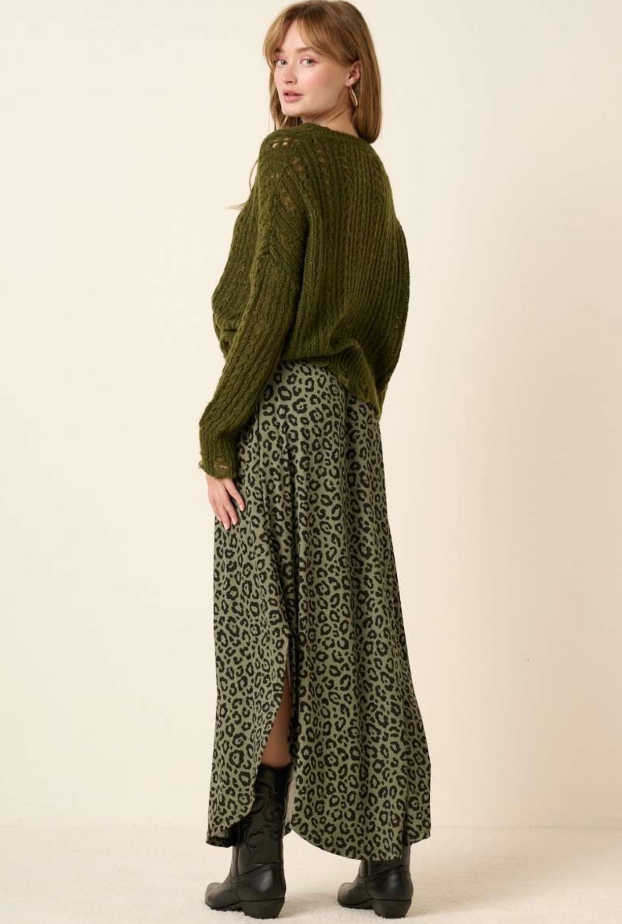 Olive Leopard Print Maxi Skirt