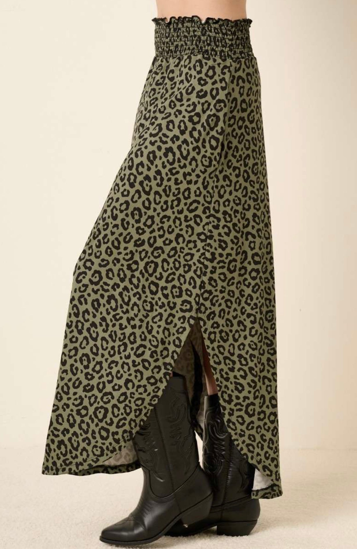 Olive Leopard Print Maxi Skirt