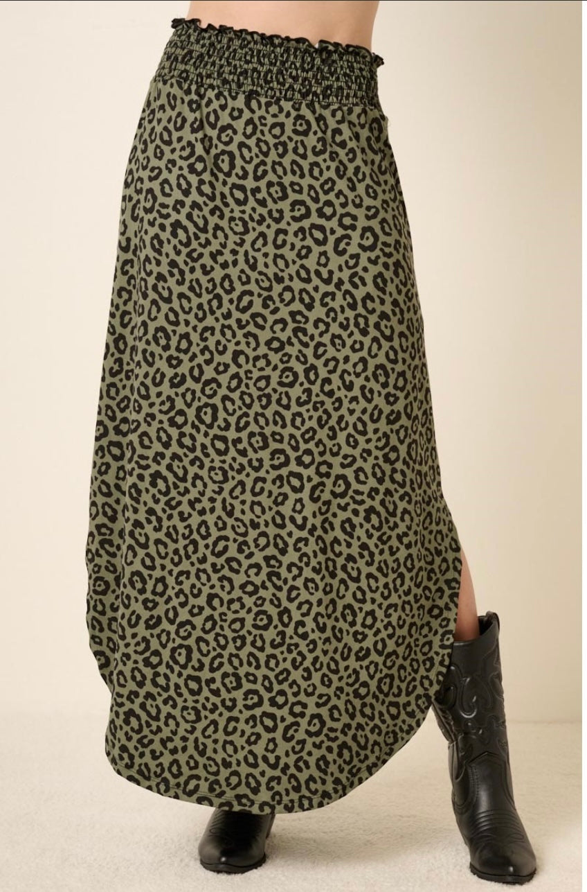 Olive Leopard Print Maxi Skirt