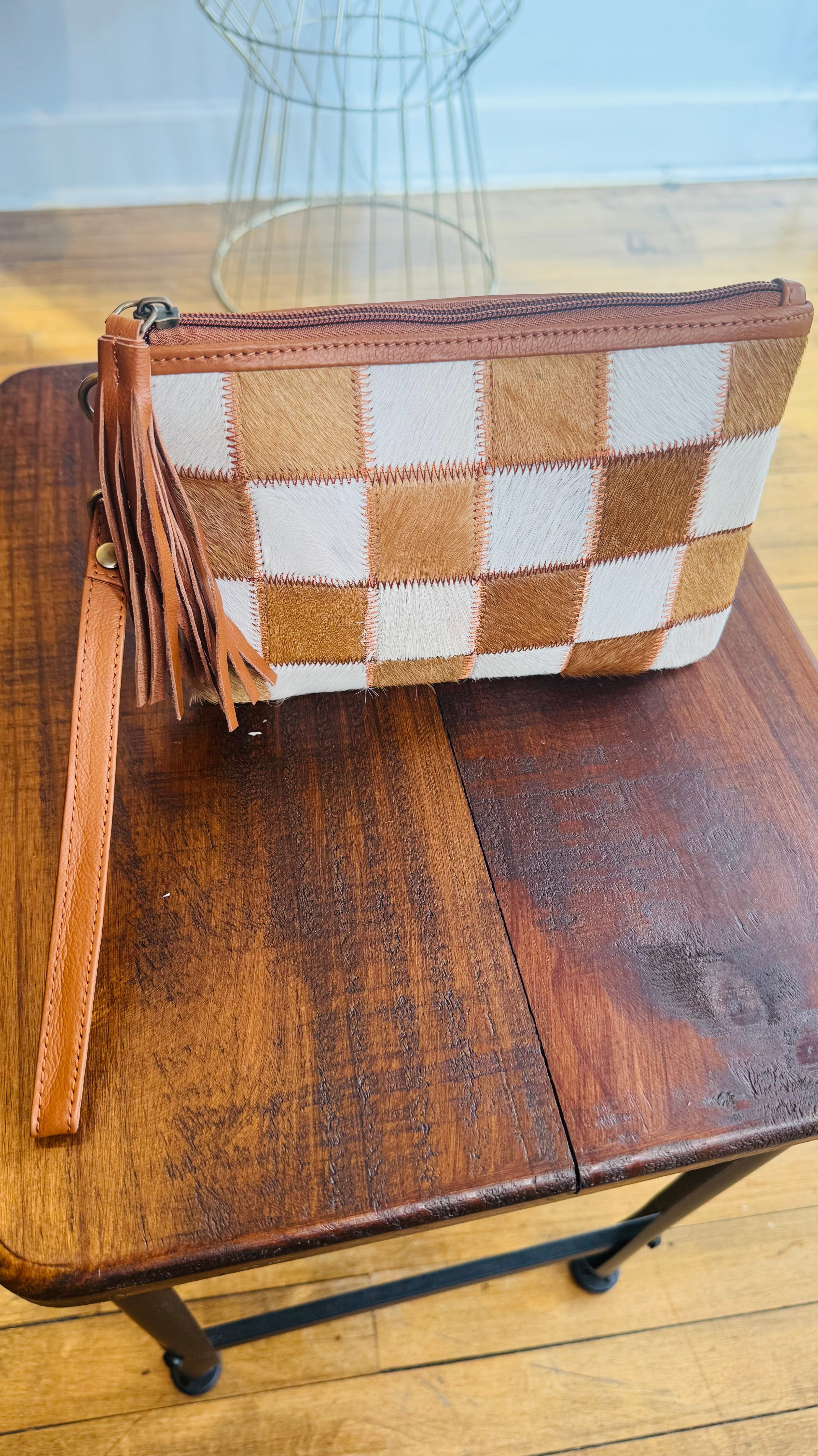 Checkered Cowhide Wristlet