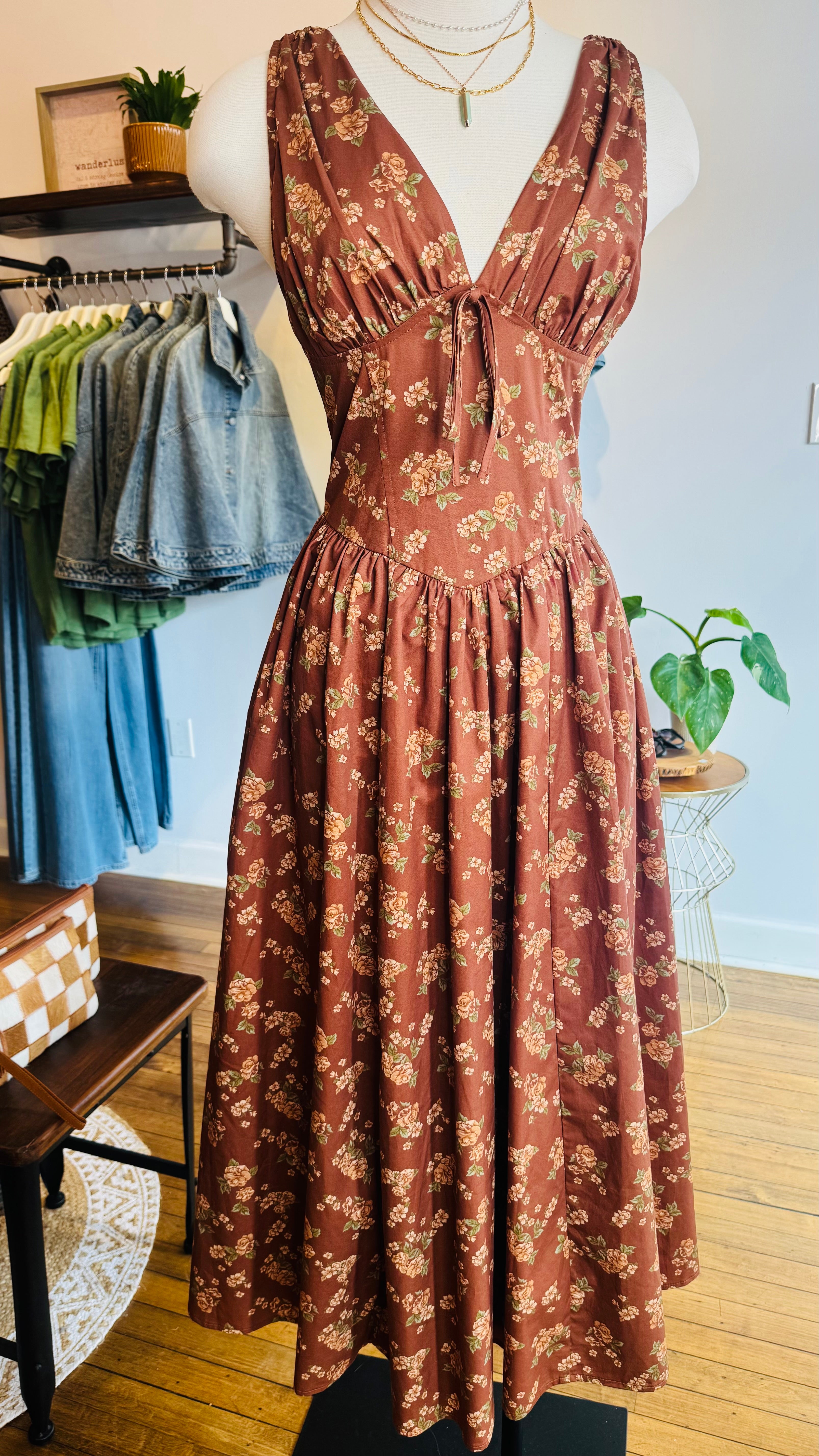 Rust Floral V-Neck Midi Dress