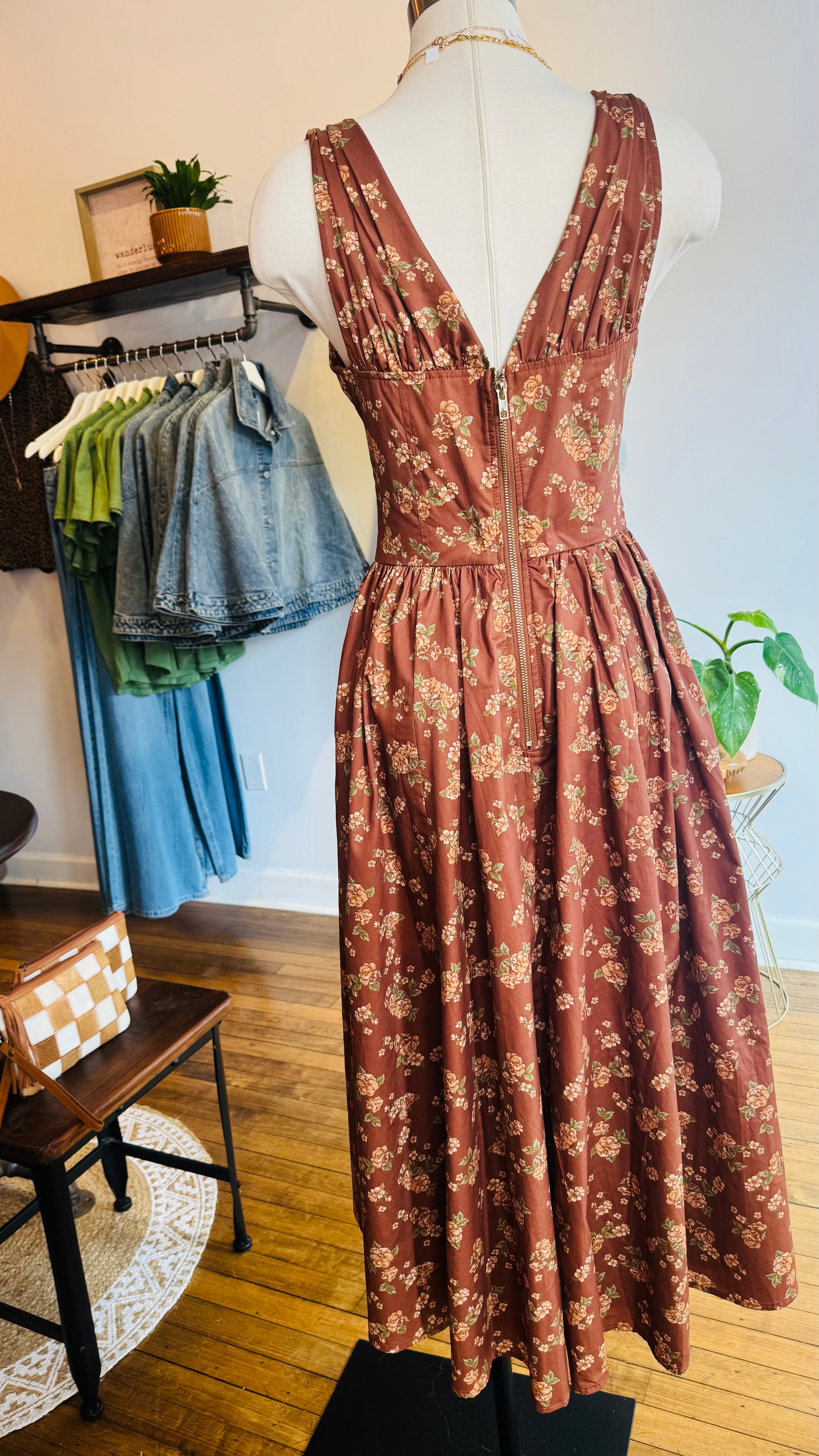 Rust Floral V-Neck Midi Dress