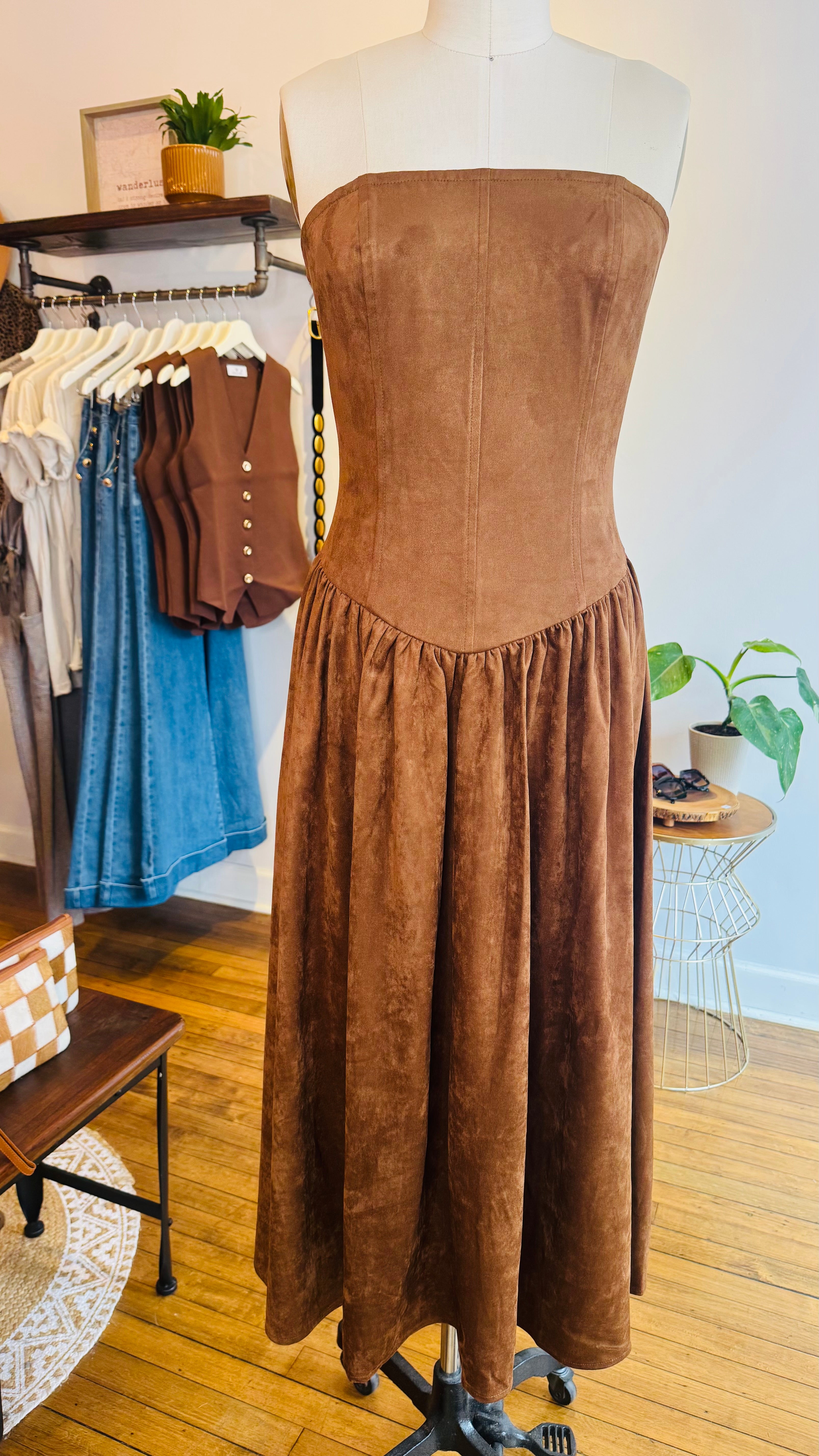 Faux Suede Strapless Midi Dress
