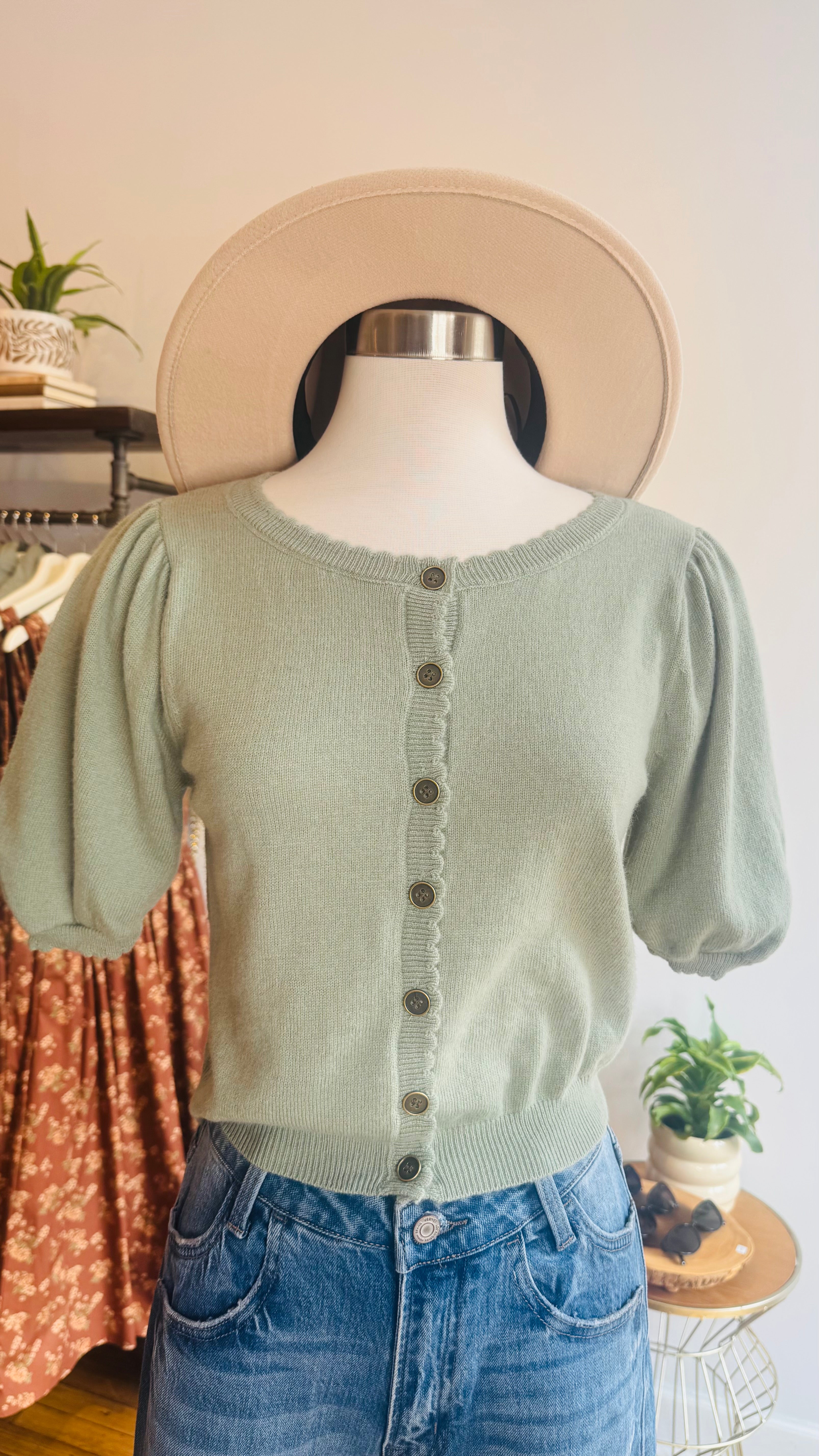 Puff Short Sleeve Button Down Knit Cardigan