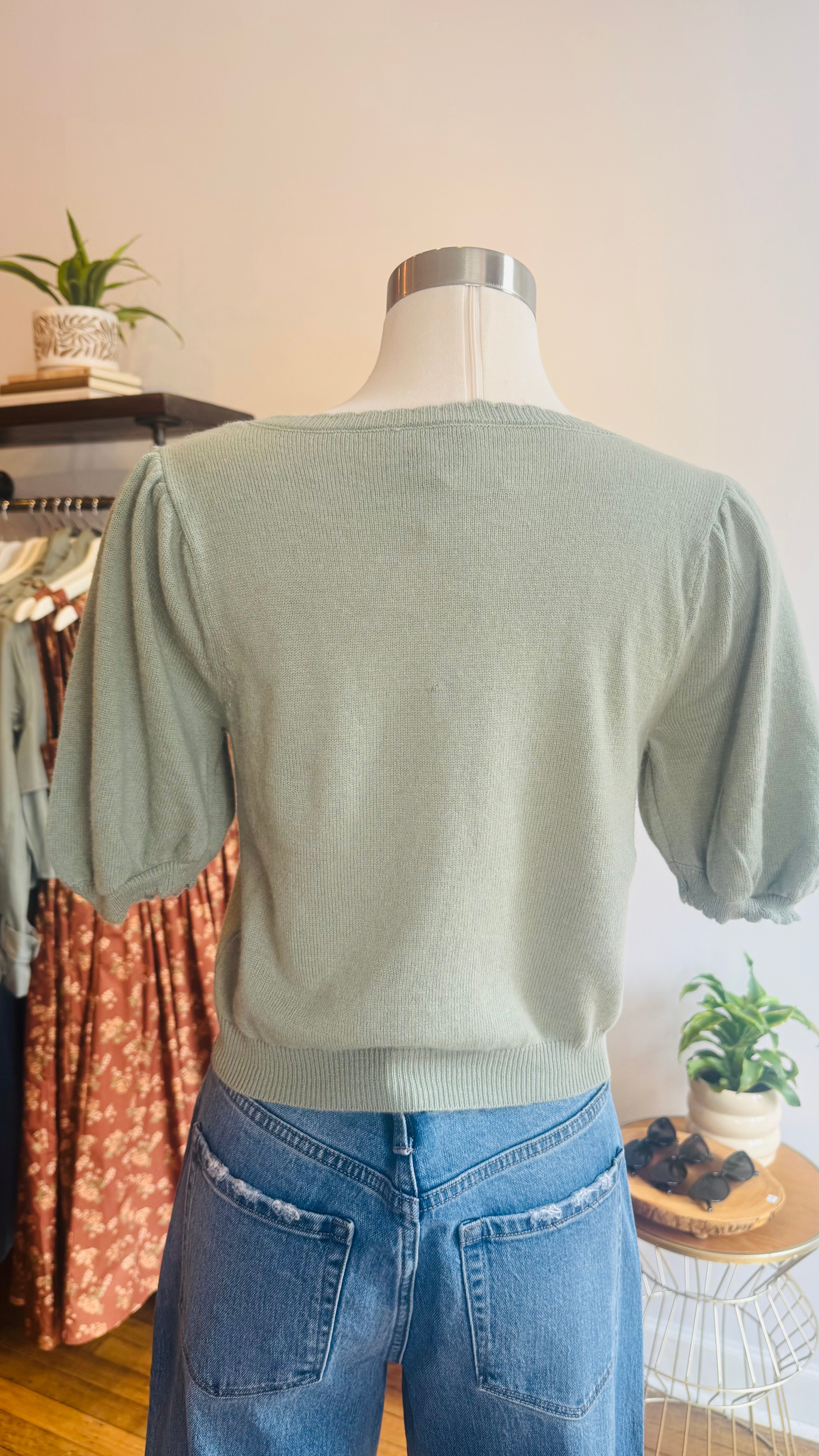 Puff Short Sleeve Button Down Knit Cardigan