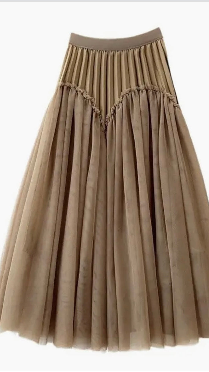 Pleated Tulle Midi Skirt