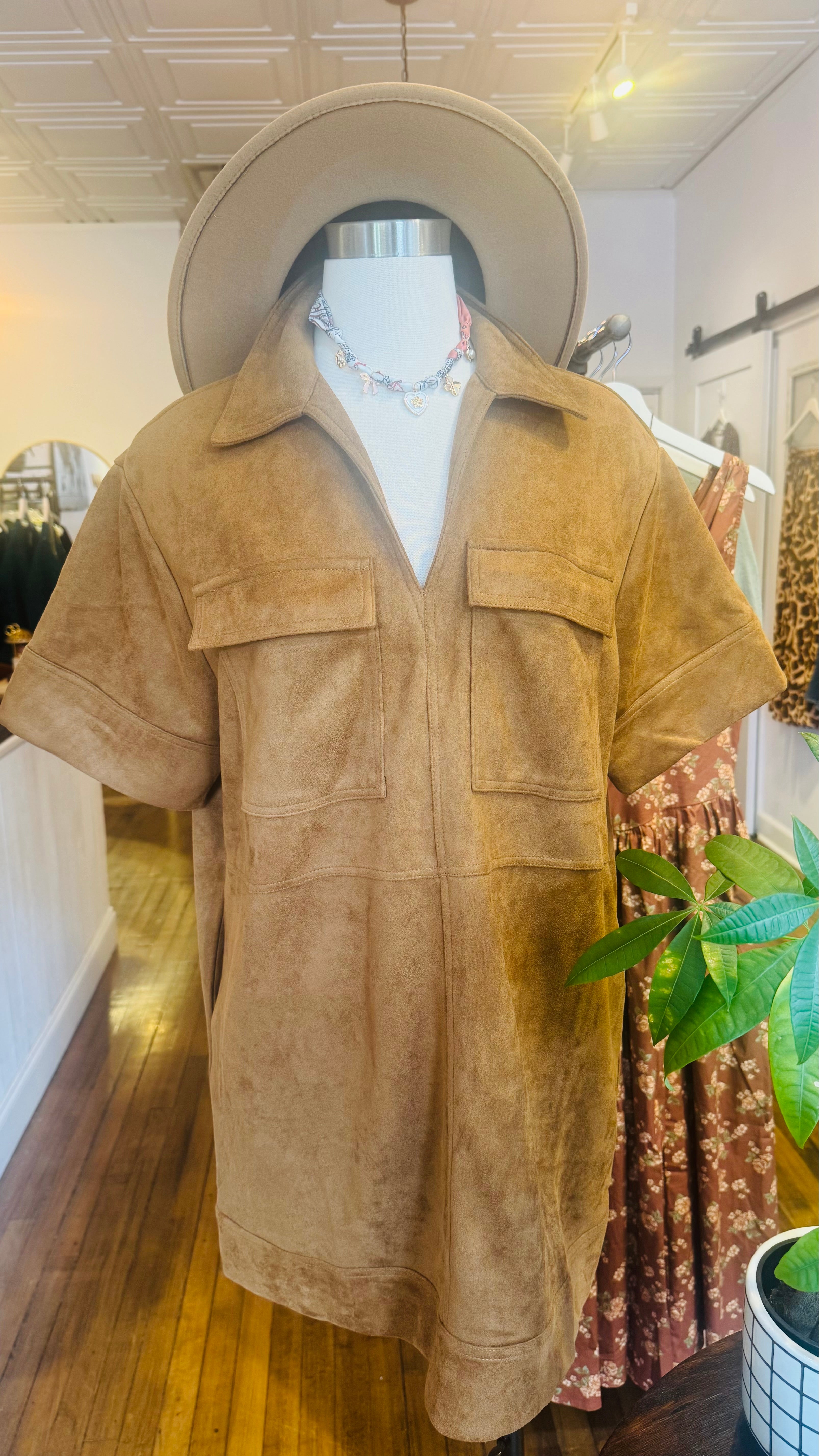 Faux Suede V-Neck Mini Shirt Dress
