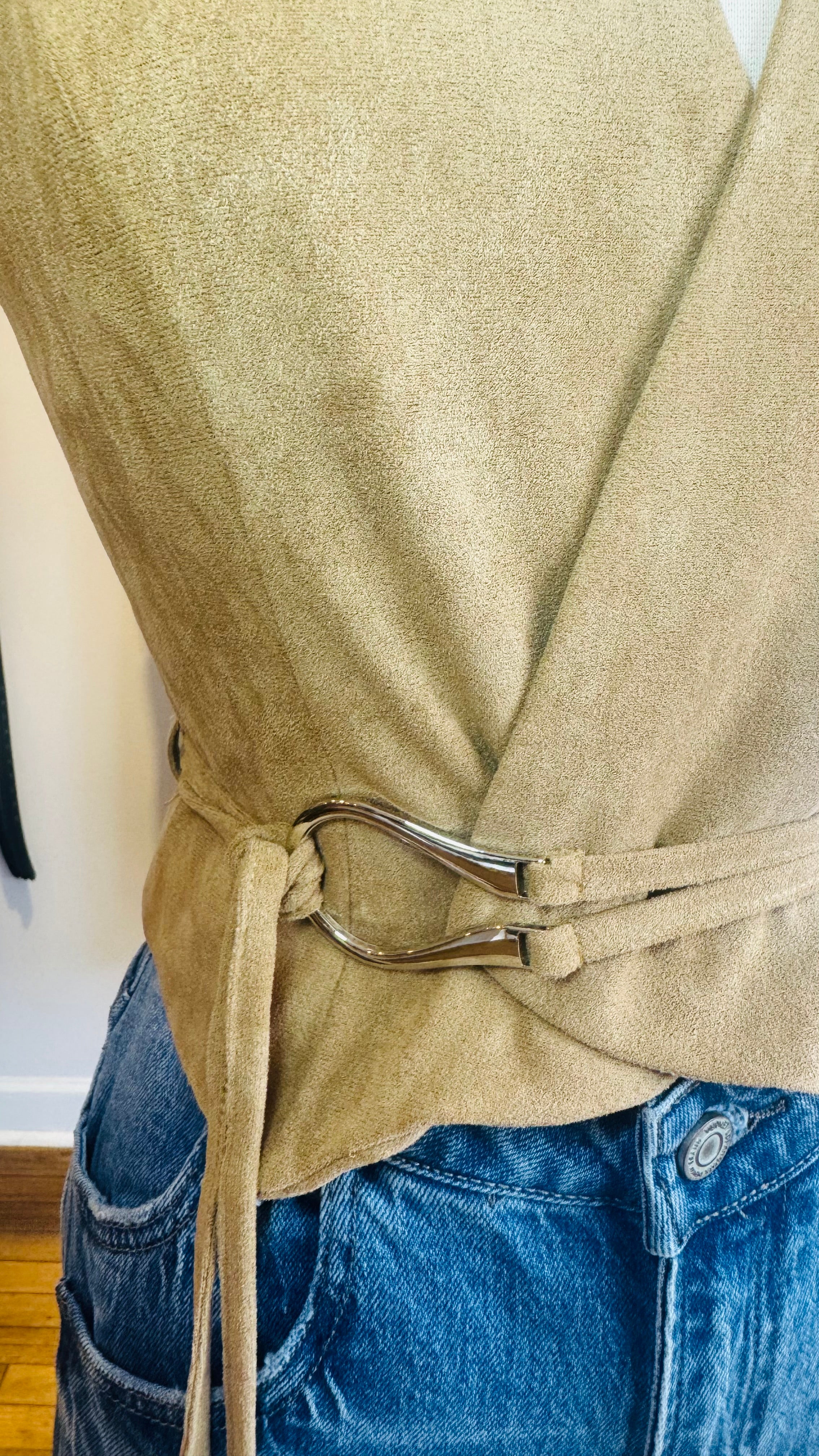 Faux Suede Belted Wrap Vest