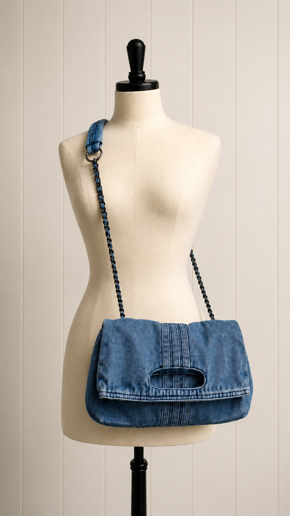 Washed Denim Chain Strap Shoulder Bag