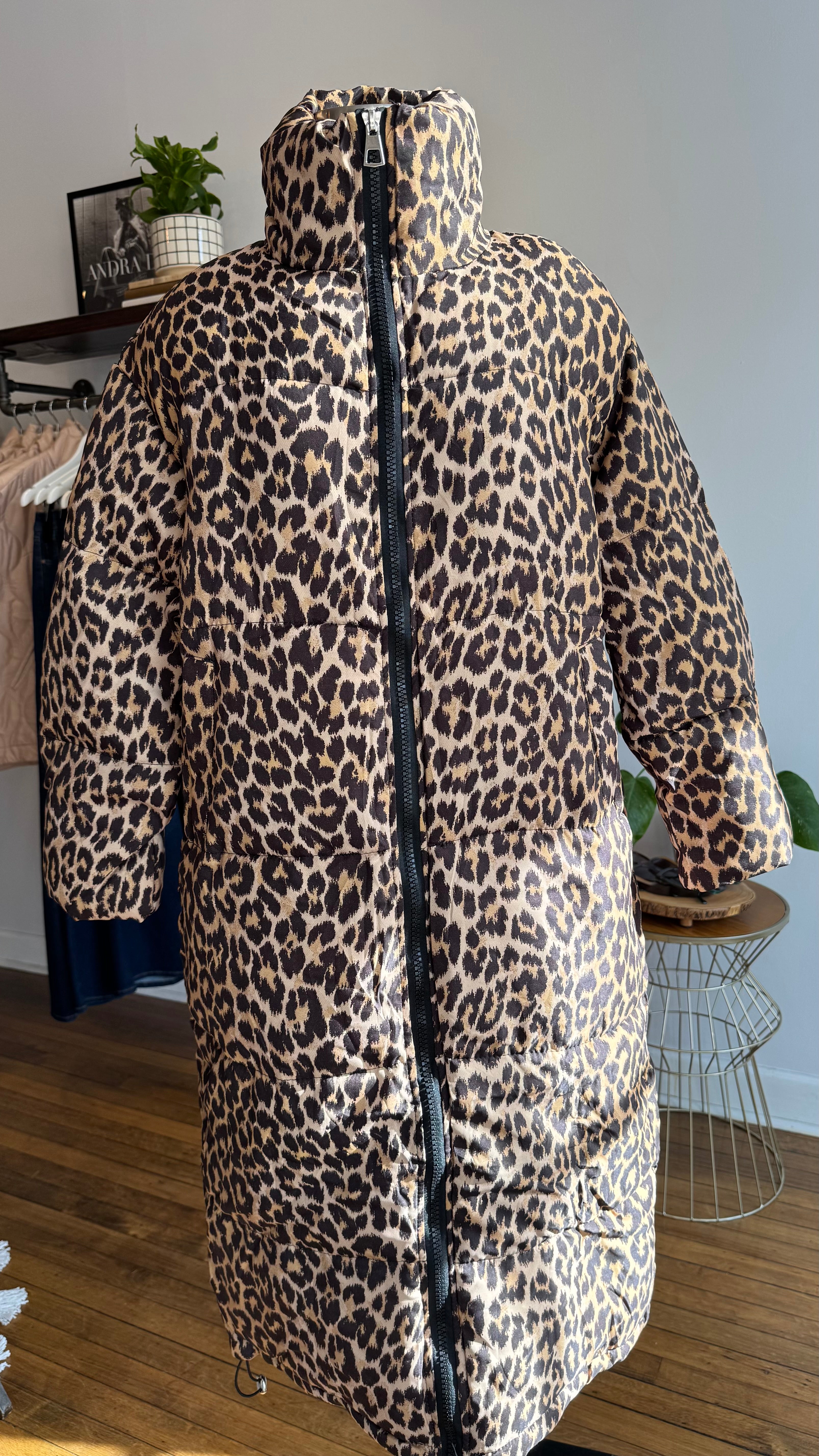 Leopard Print Long Puffer Coat