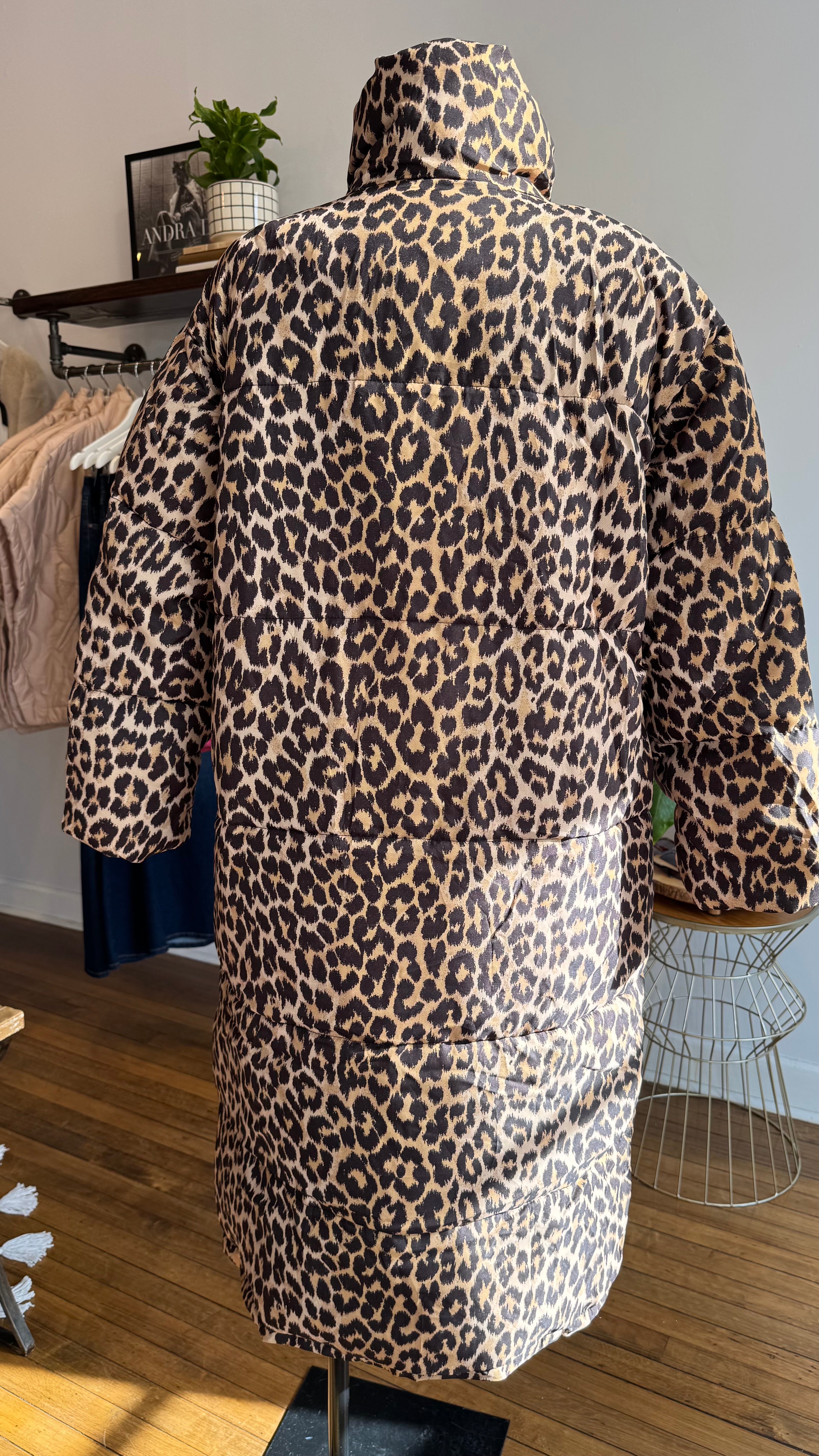 Leopard Print Long Puffer Coat