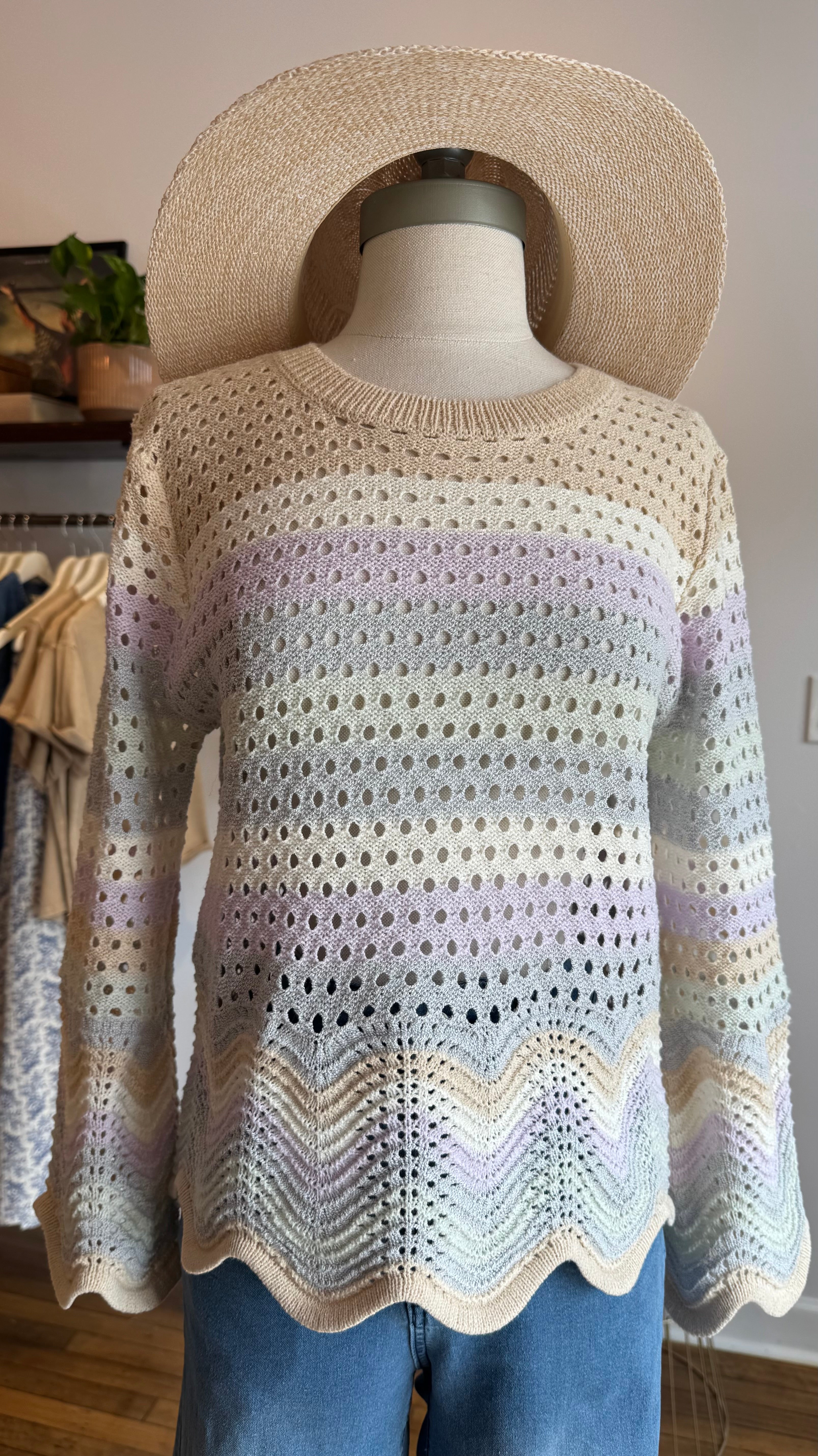 Lightweight Open-Knit Ombre Pullover