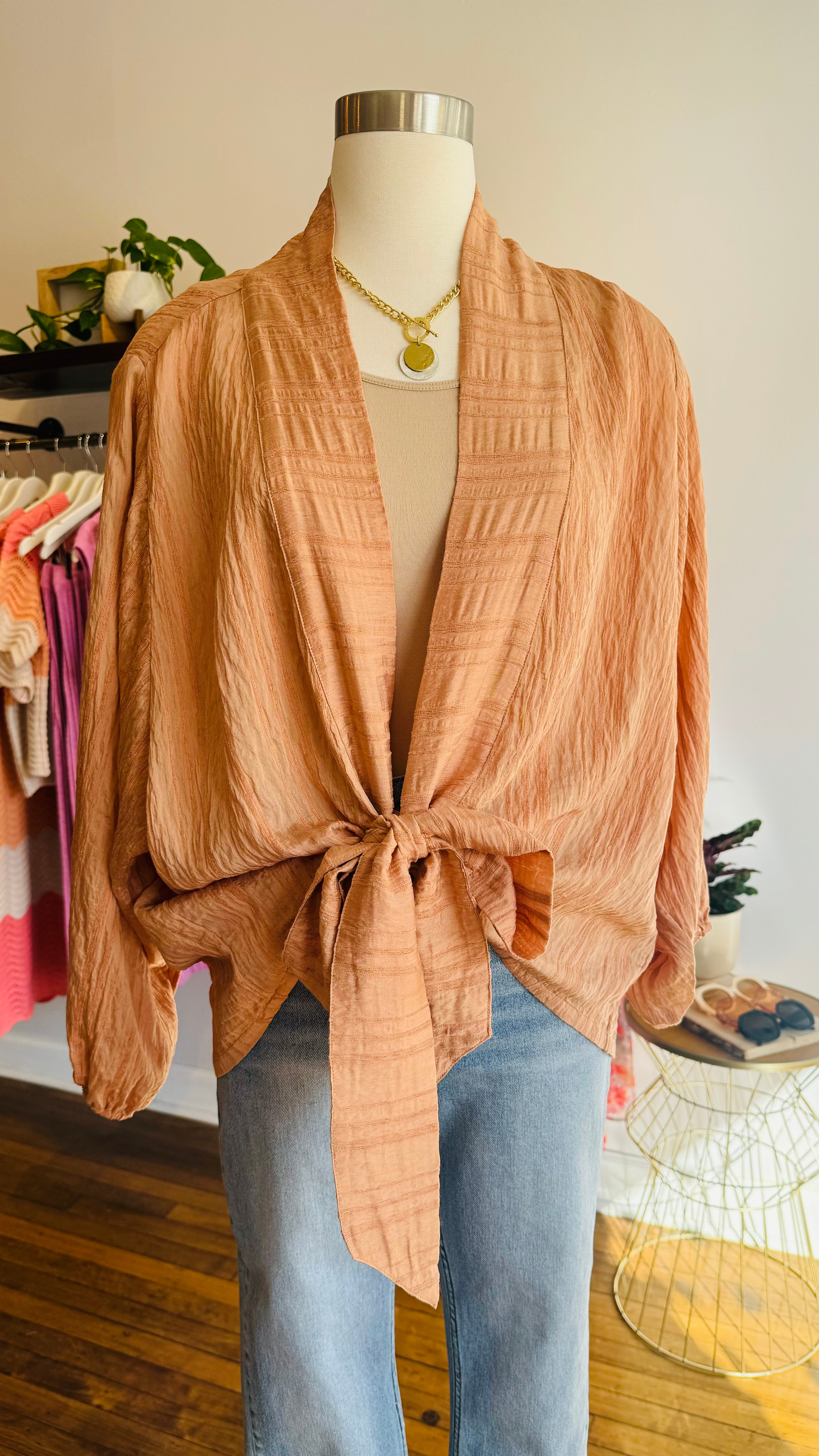 Textured Tie Front Kimono