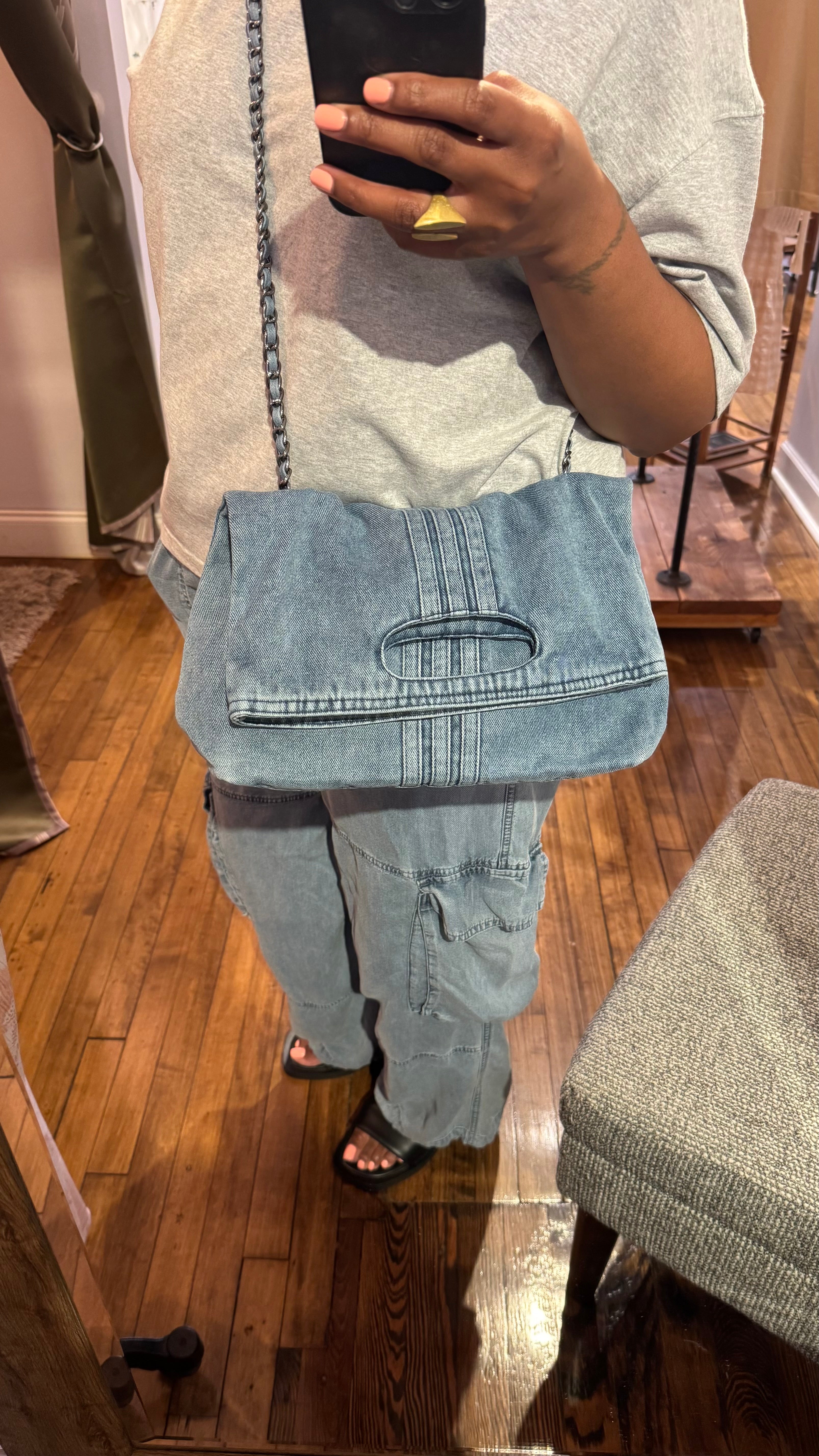 Washed Denim Chain Strap Shoulder Bag