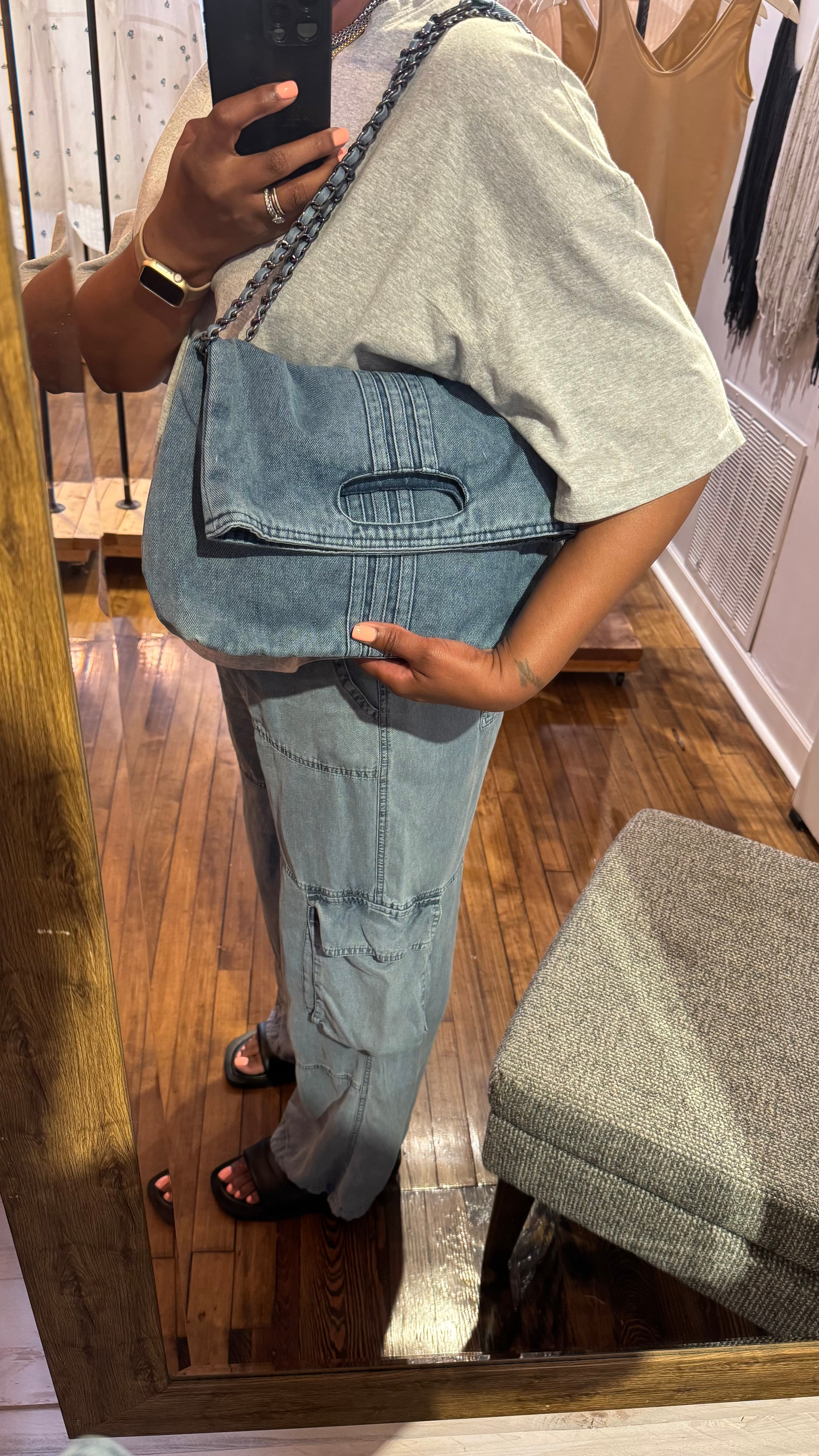 Washed Denim Chain Strap Shoulder Bag