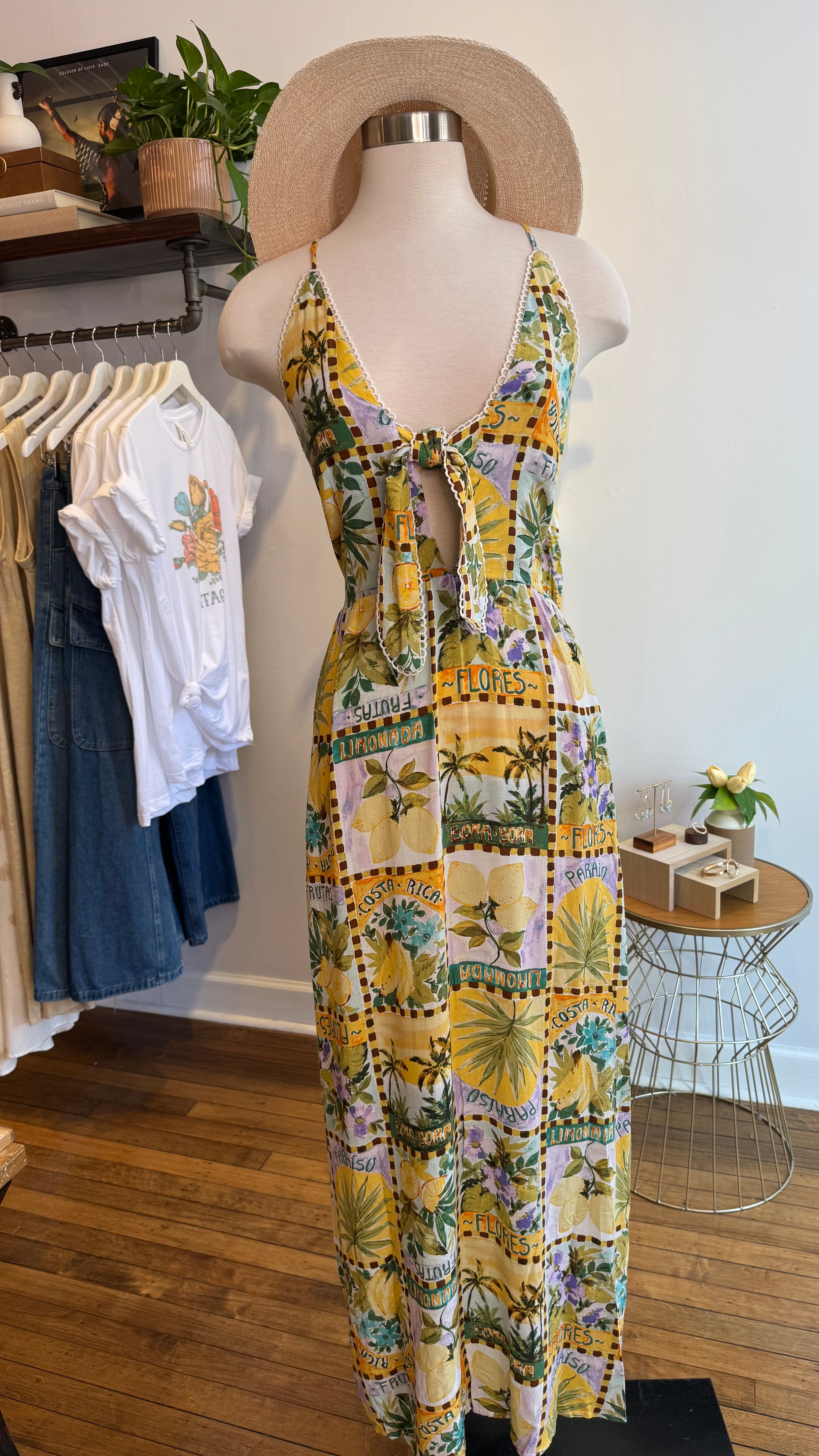 Tropical Citrus Print Cutout Maxi Dress