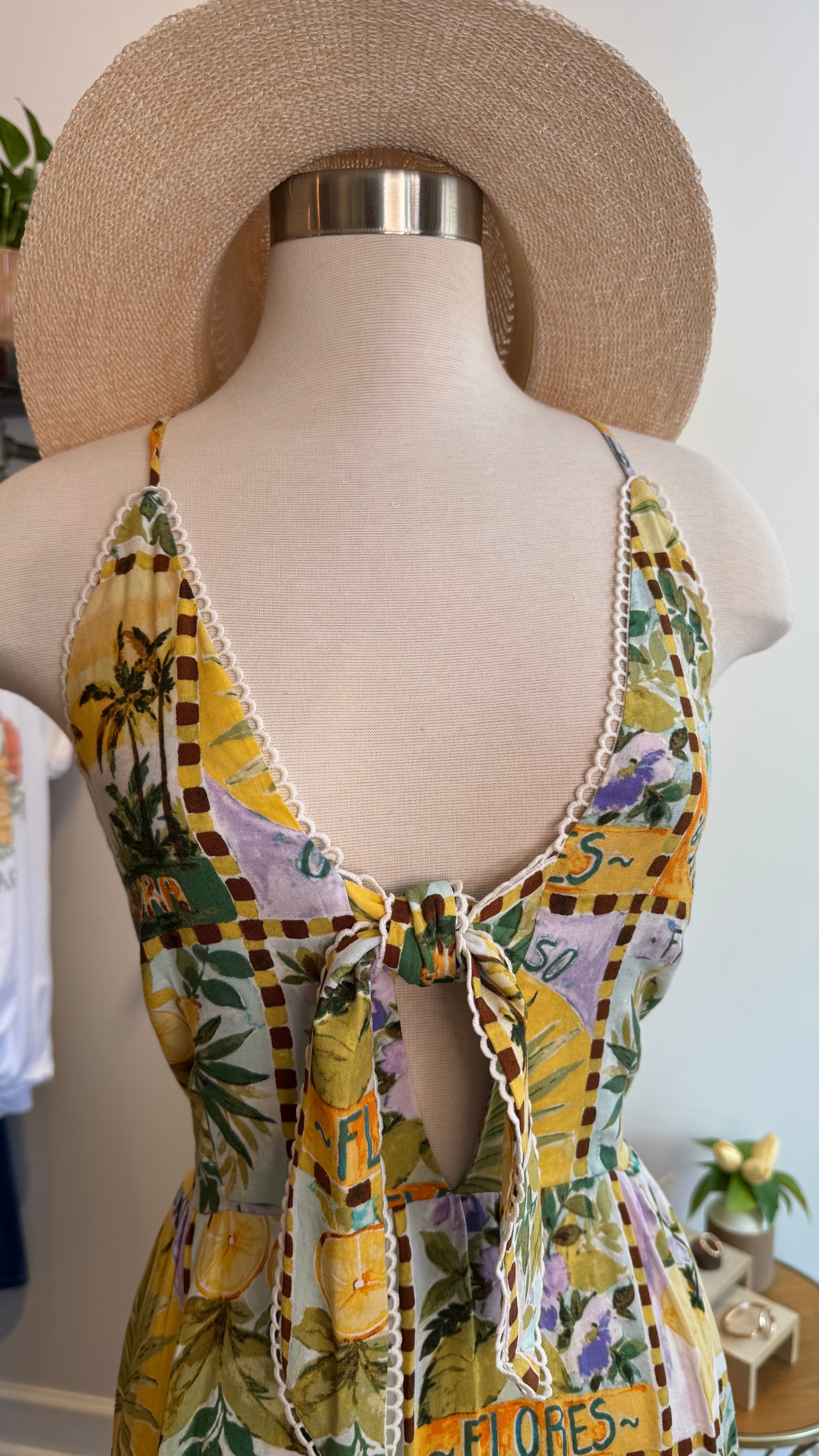 Tropical Citrus Print Cutout Maxi Dress