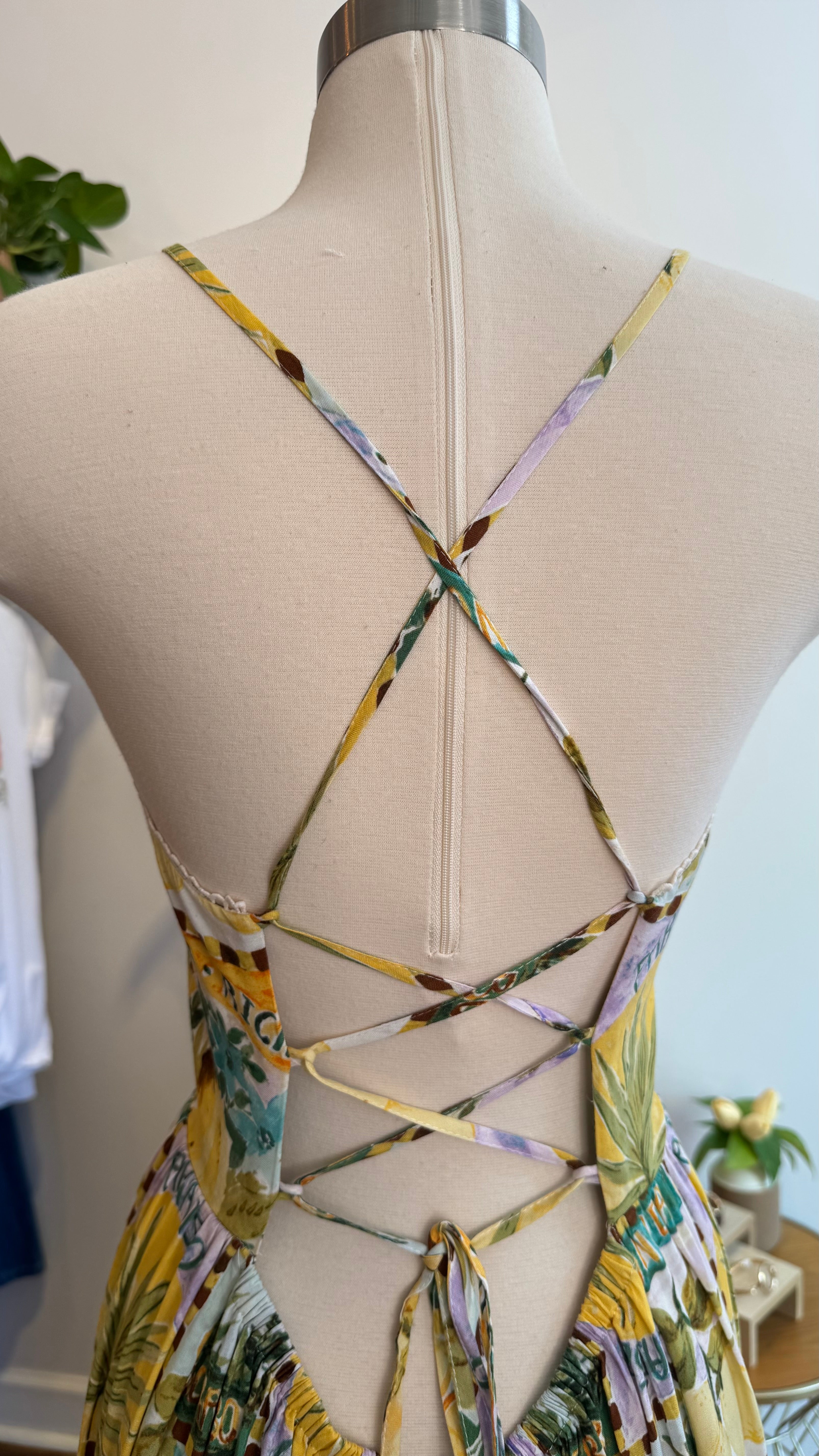 Tropical Citrus Print Cutout Maxi Dress