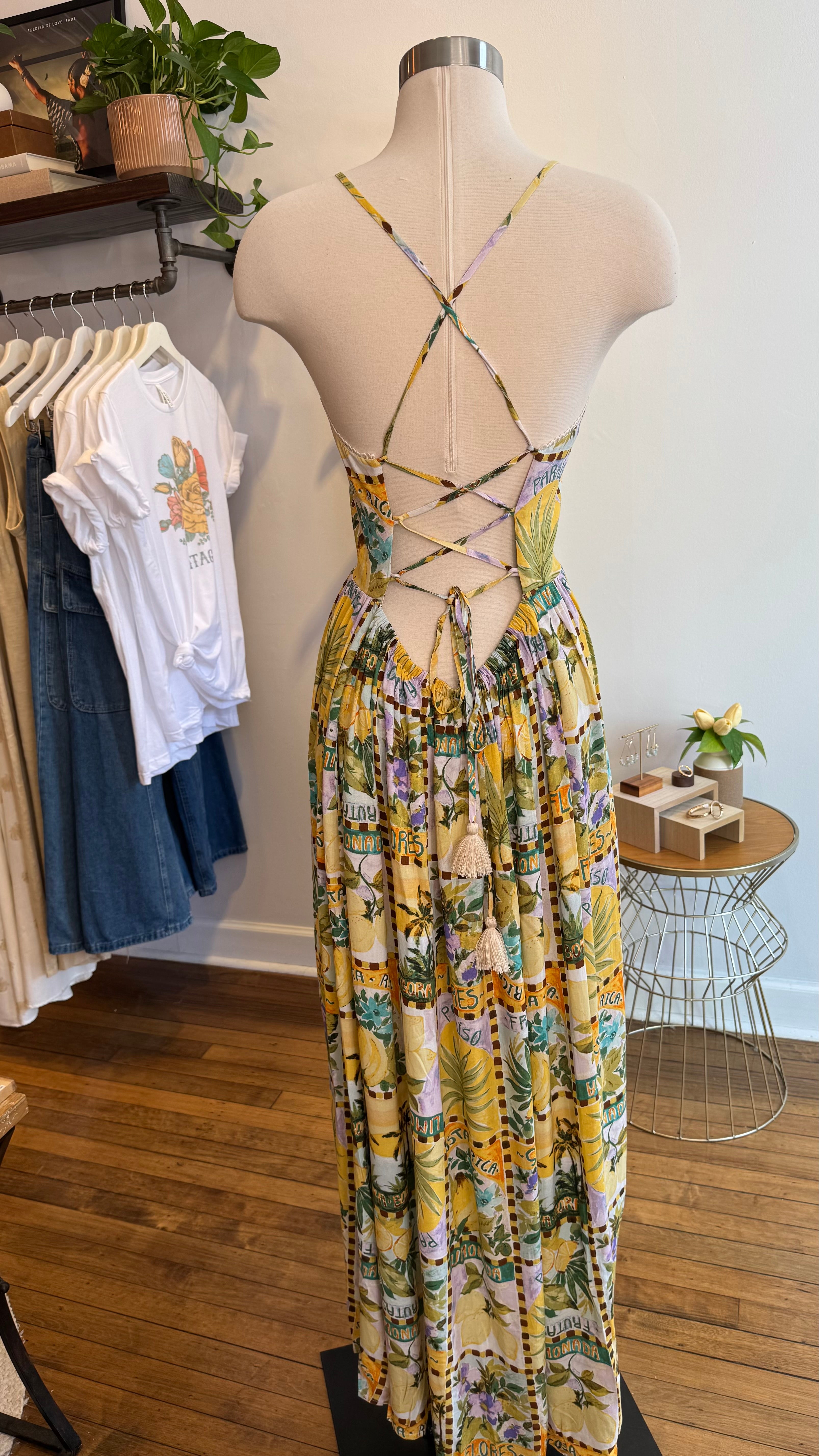 Tropical Citrus Print Cutout Maxi Dress